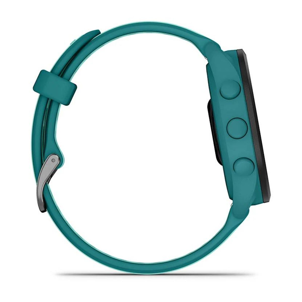 Seitenansicht einer türkisfarbenen Smartwatch mit schwarzem Bildschirm und türkisfarbenem Armband. Drei Knöpfe sind an der Seite.