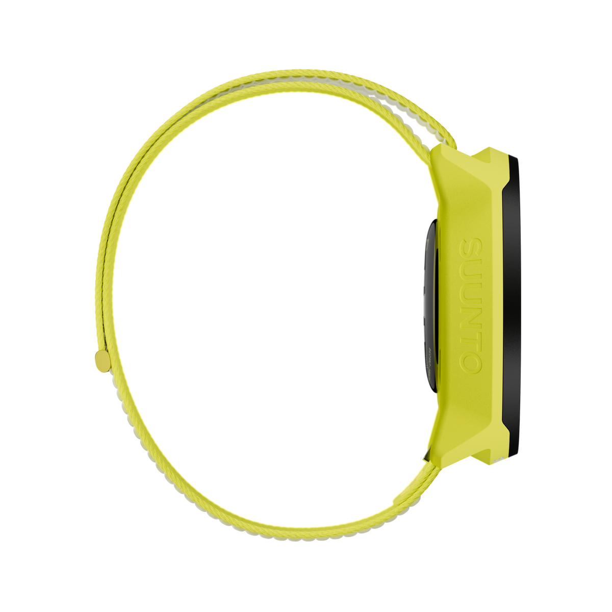 Żółty smartwatch Suunto z żółtym paskiem i czarną tarczą, widok z boku na czarnym tle.