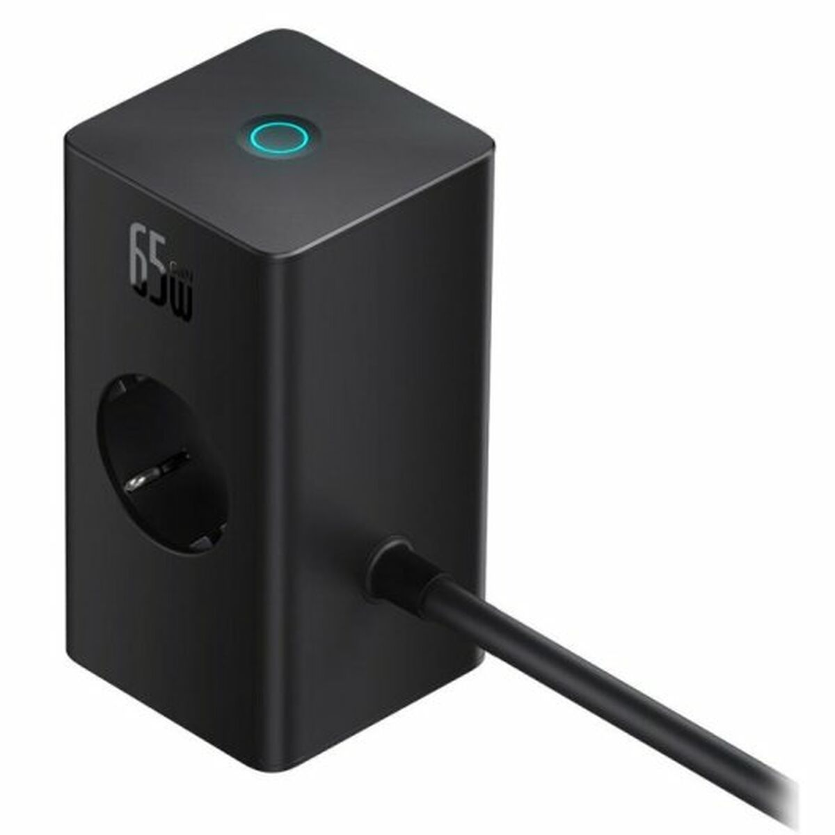 Adaptador de corriente negro con enchufe, botón y texto 65W.