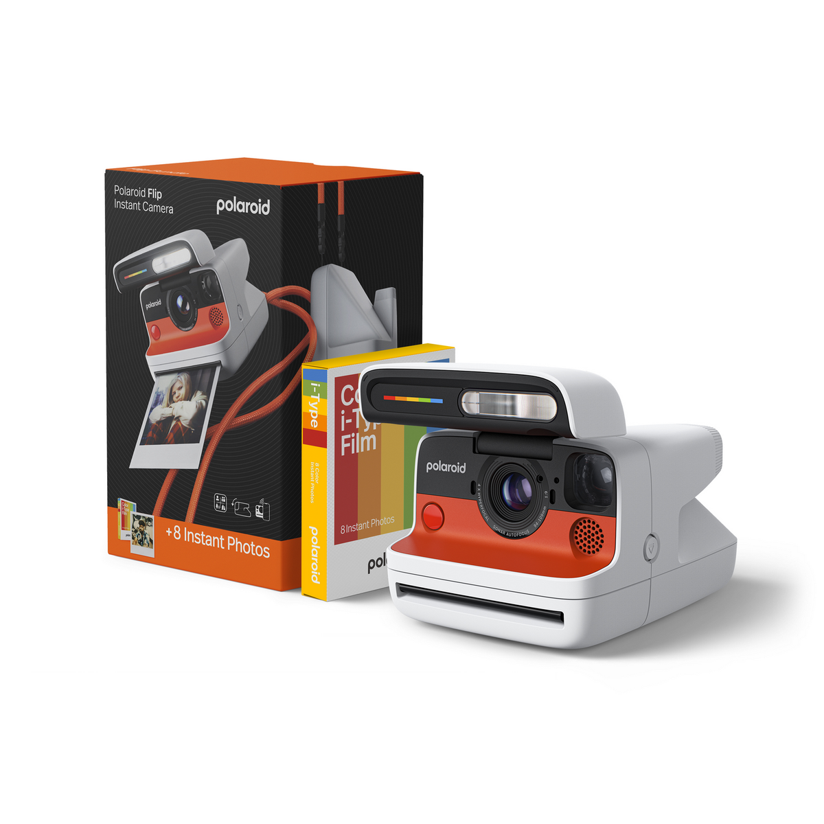 Polaroid-Kamera mit Box-Set. Die Kamera ist orange und weiß, mit weißem Hintergrund.