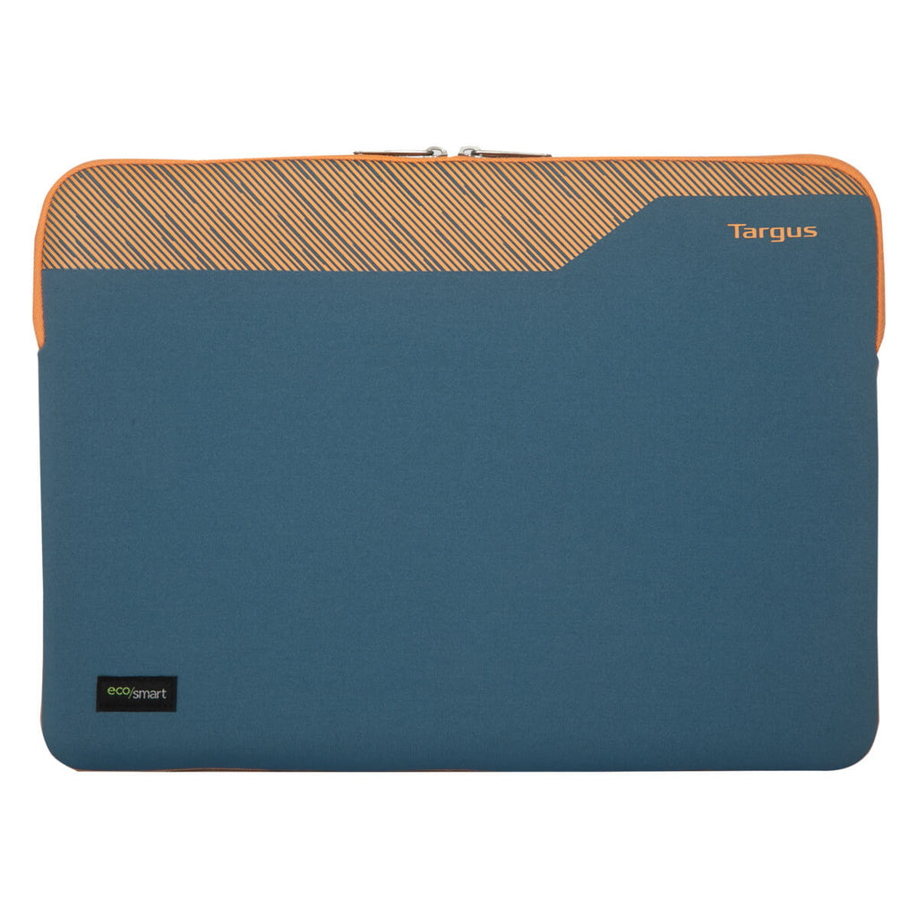 Custodia per laptop blu e arancione con il logo Targus e il logo eco/smart.