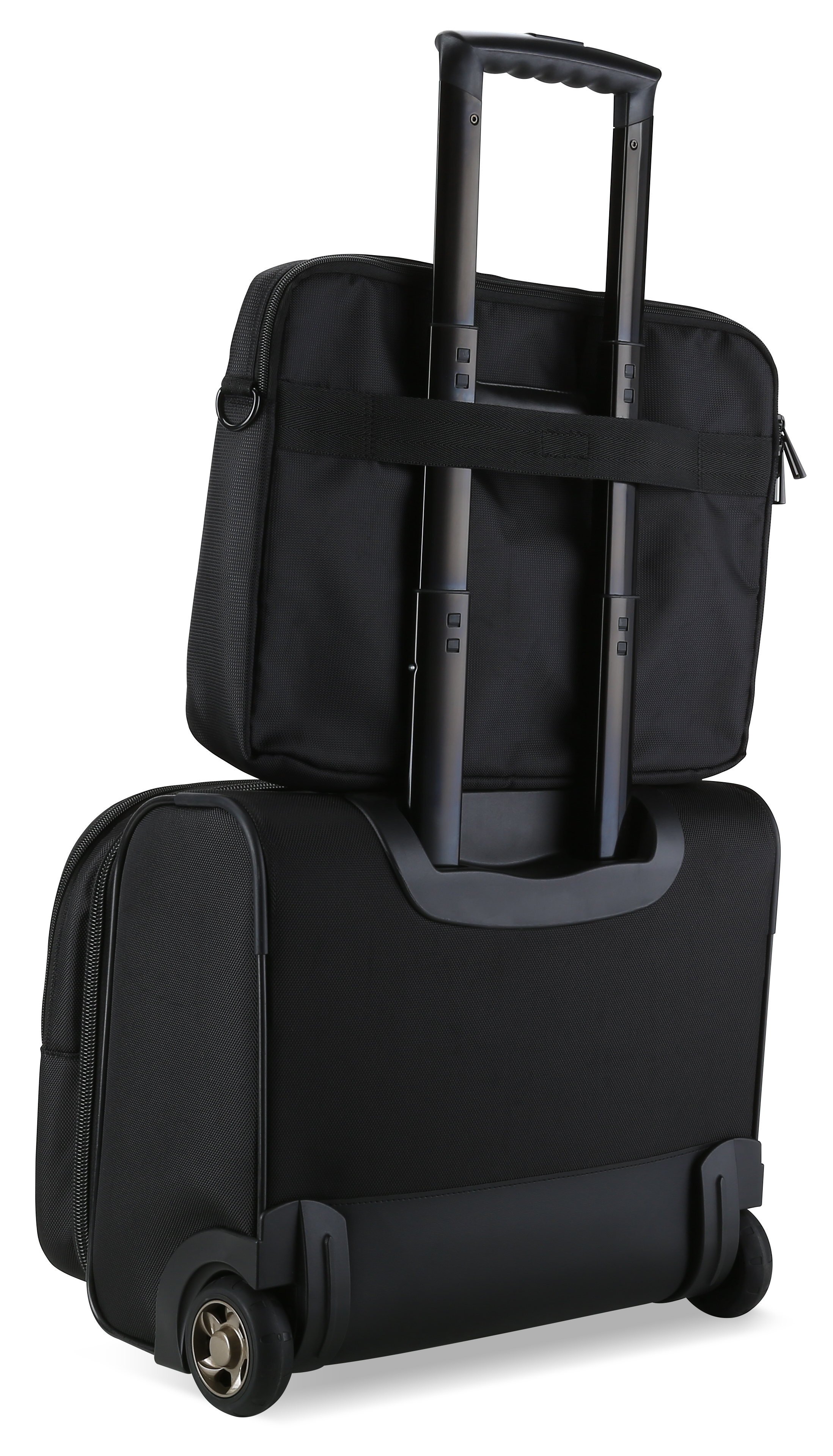 Una valigia nera con ruote con una borsa per laptop nera staccabile sopra.