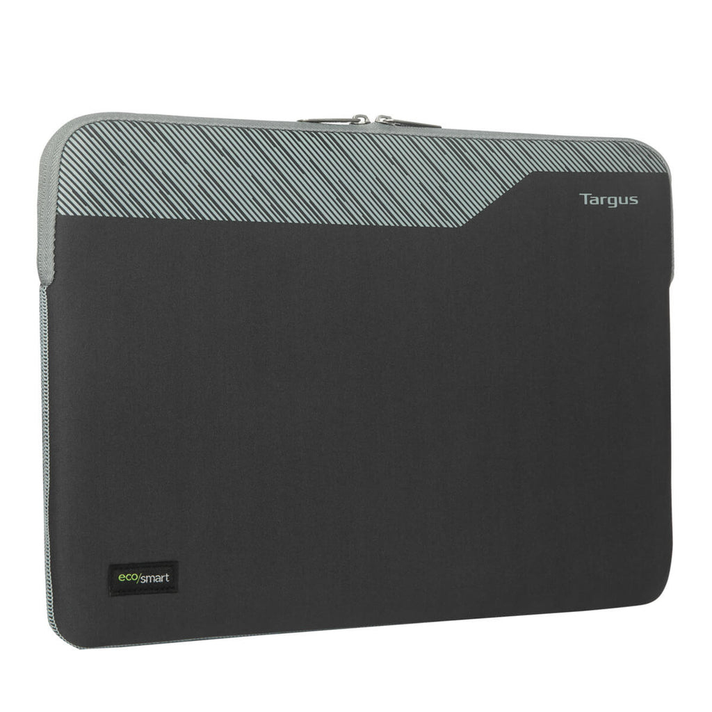 Una custodia per laptop nera e grigia con cerniera, con il logo Targus.