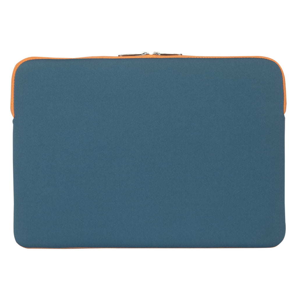 Una custodia per laptop color verde acqua con bordatura arancione. La custodia è chiusa con una cerniera.