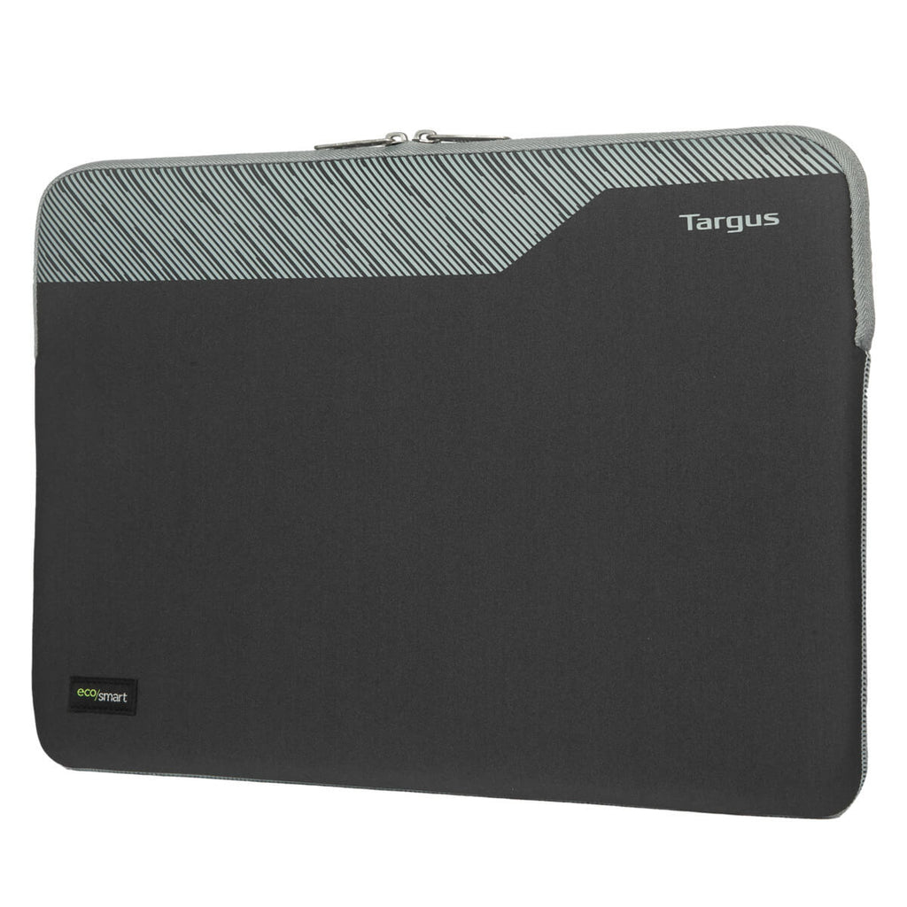 Una custodia per laptop. Grigio scuro, con una sezione superiore a righe grigio chiaro e il logo Targus.