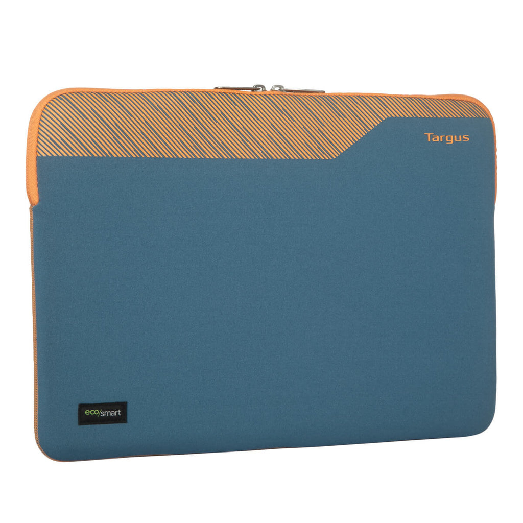 Una custodia per laptop Targus blu e arancione, chiusa, con il nome del marchio visibile.