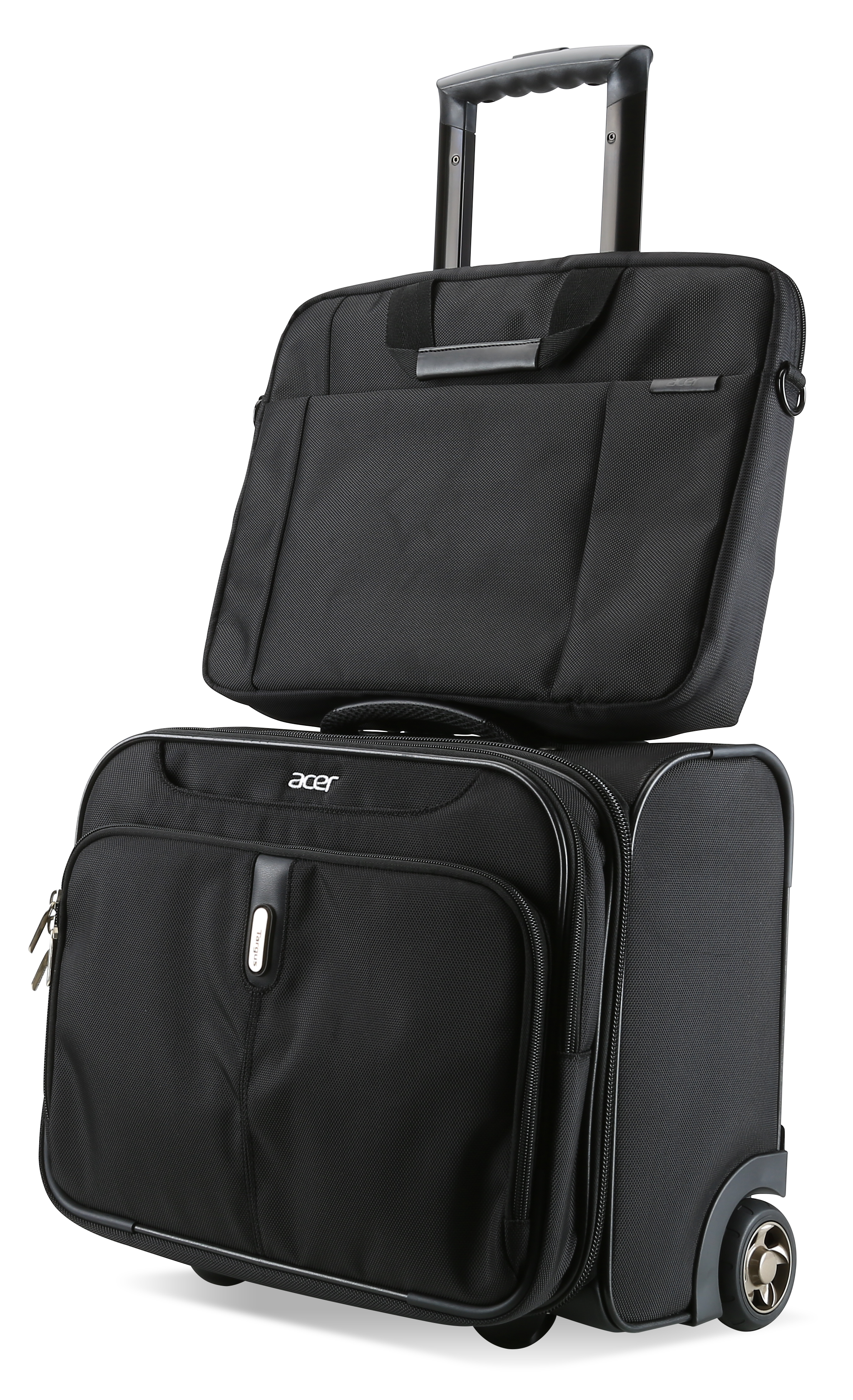 Borsa per laptop Acer nera con due scomparti su ruote. Una borsa più piccola è sopra una più grande.