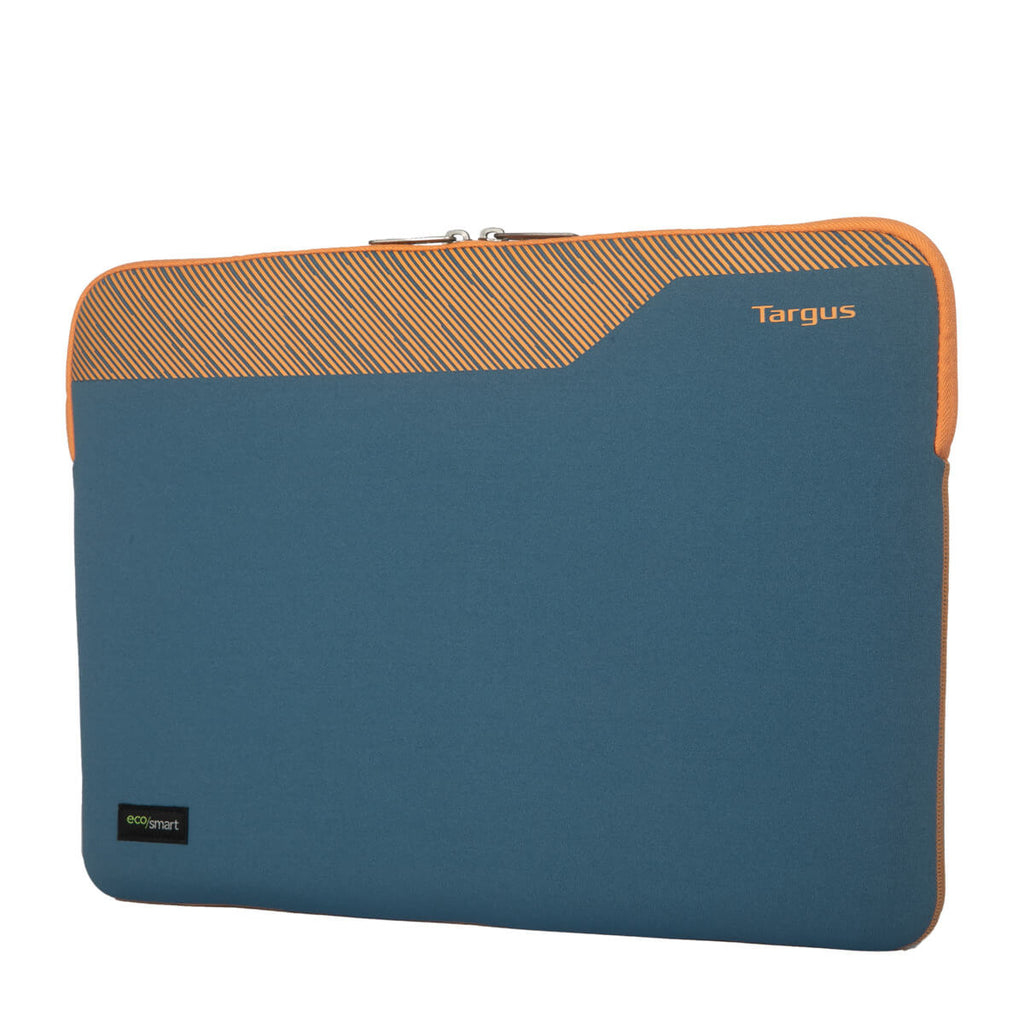 Una custodia per laptop verde acqua e arancione. La custodia ha una cerniera e il marchio Targus stampato sopra.