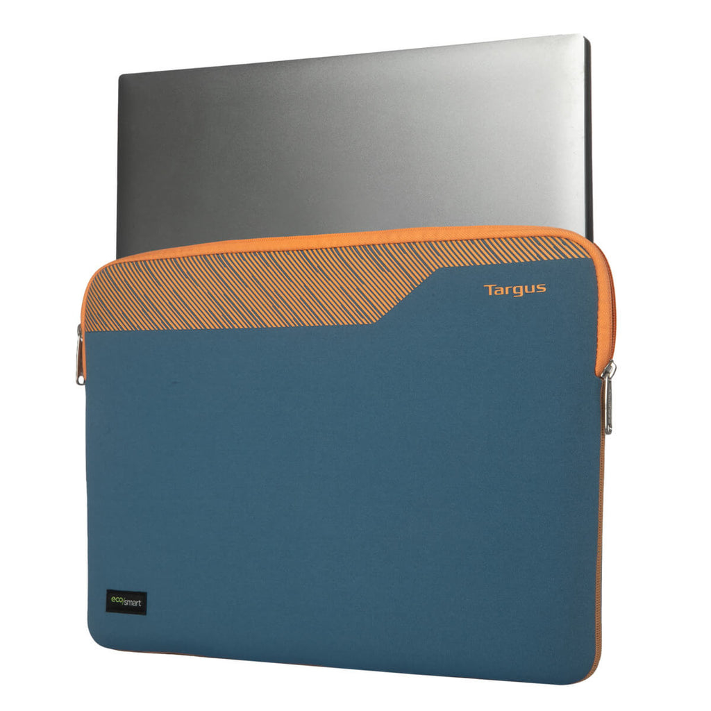 Custodia blu per laptop con striscia arancione e cerniera. Laptop parzialmente visibile.