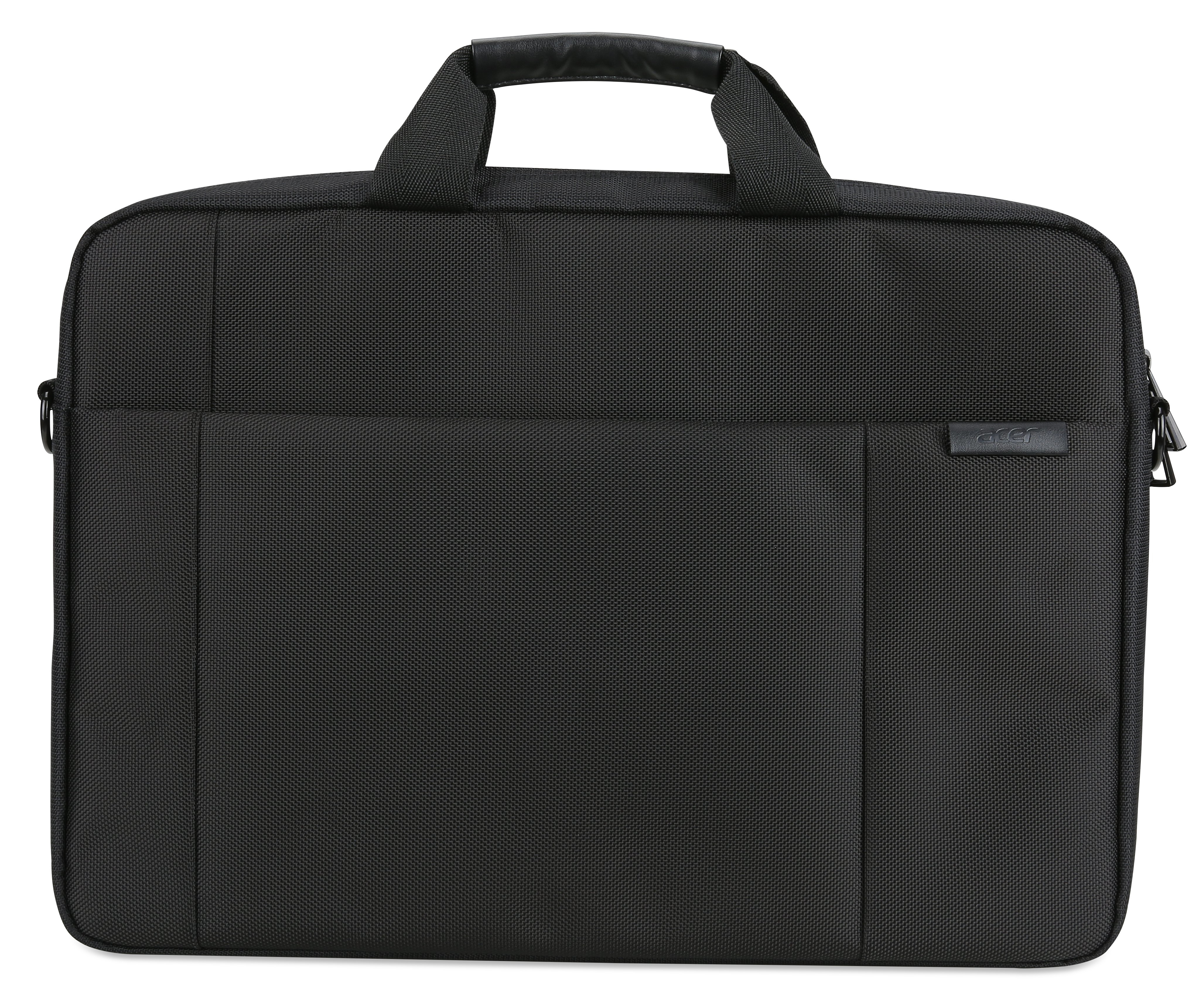 Una borsa per laptop nera con manico e tasca frontale.