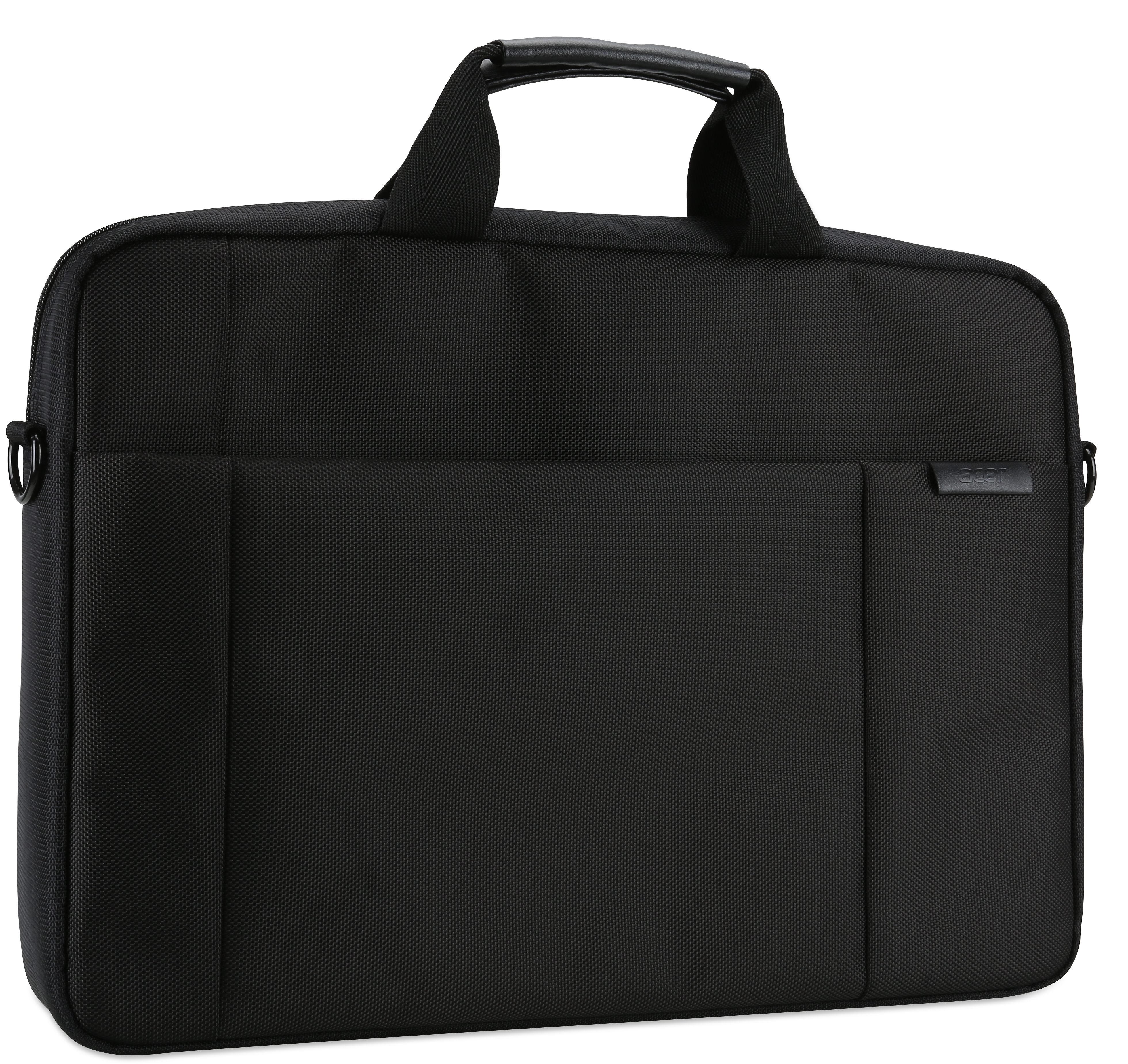 Una borsa per laptop nera, con manico e attacco per tracolla, design semplice, vista frontale.
