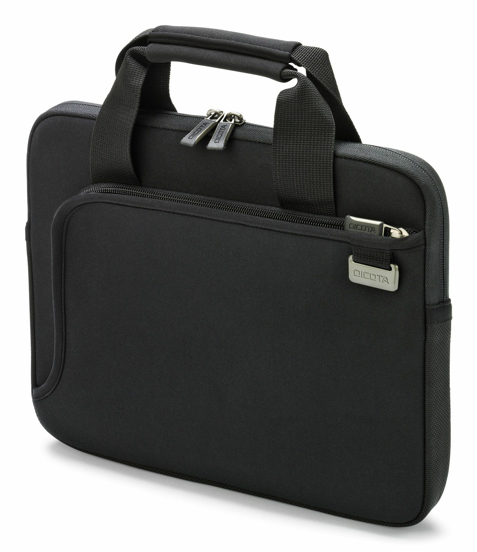 Una custodia nera per laptop con maniglia e tasca con cerniera, con il logo Dicota.