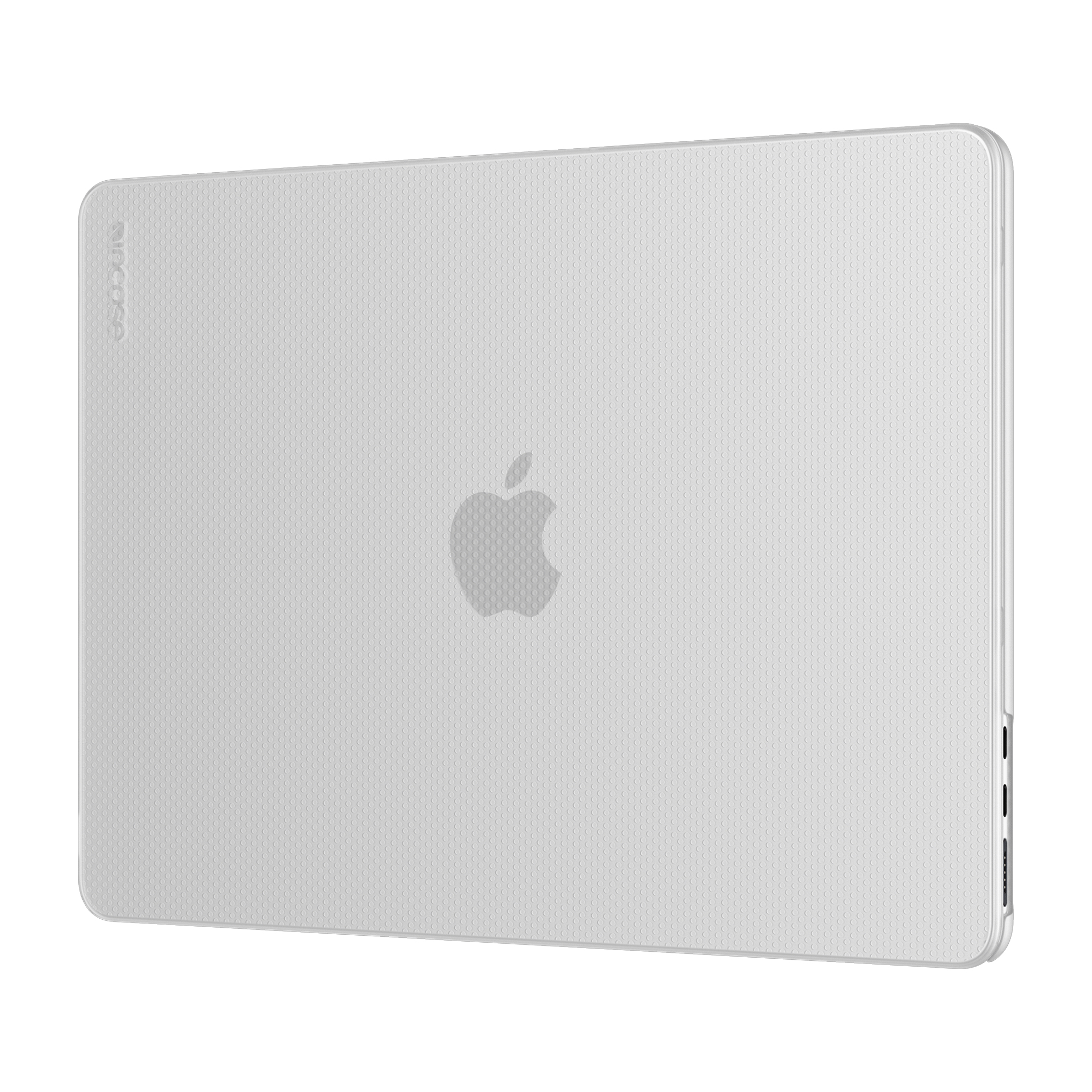 Una custodia per MacBook Apple, grigio chiaro, con il logo Apple sul retro, su sfondo bianco.