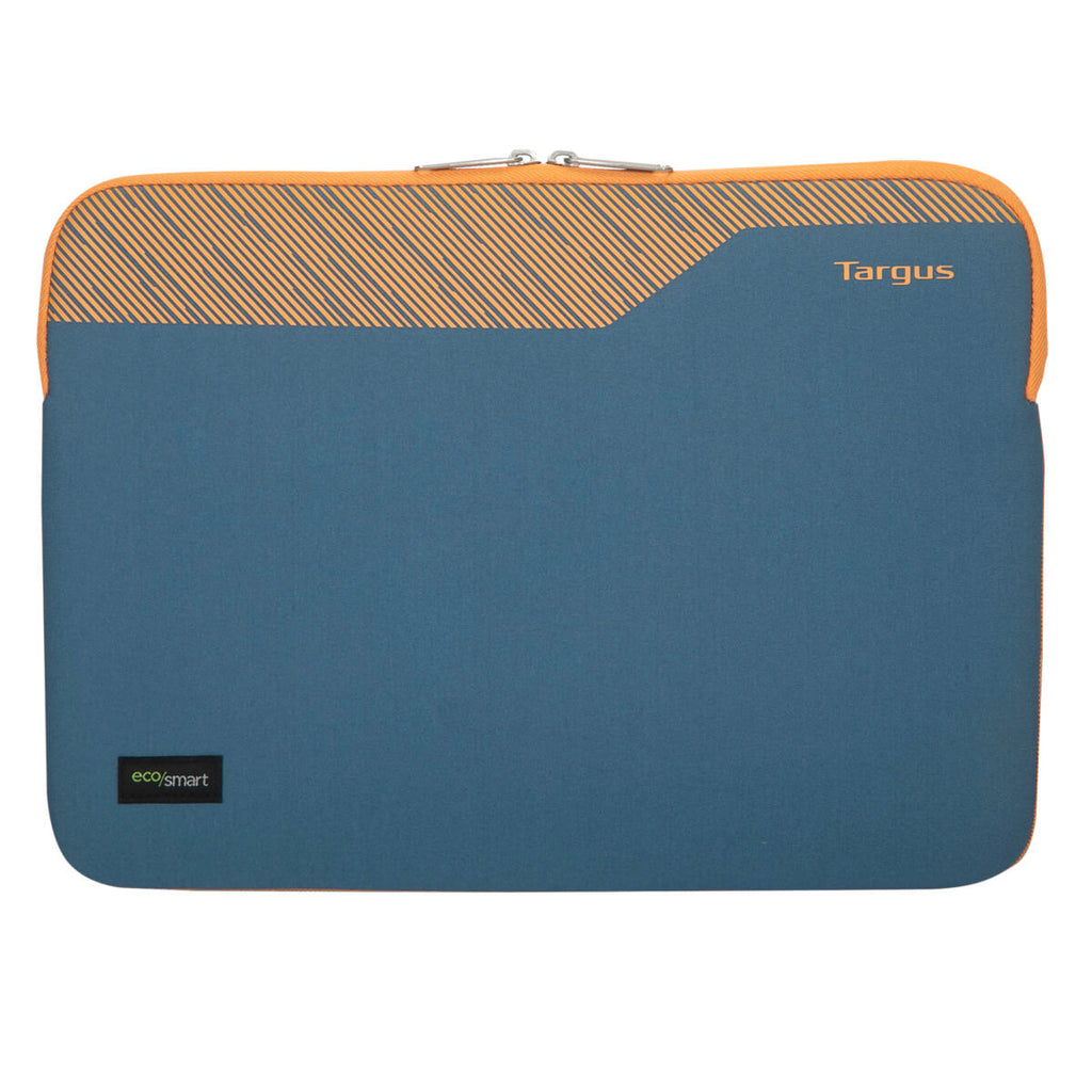 Una custodia per laptop blu e arancione con il logo Targus, con un design eco/smart.