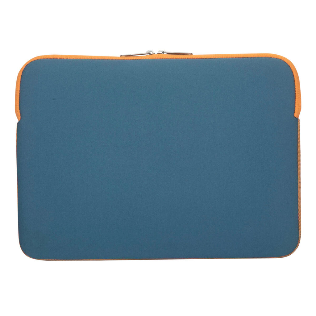 Una custodia per laptop Targus blu e arancione, chiusa, con il nome del marchio visibile.