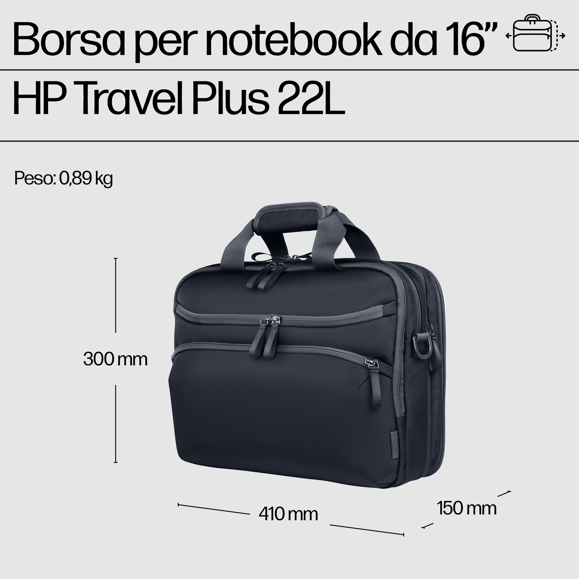 Borsa per laptop HP Travel Plus 22L da 16" nera, dimensioni 410x300x150mm, peso 0,89kg