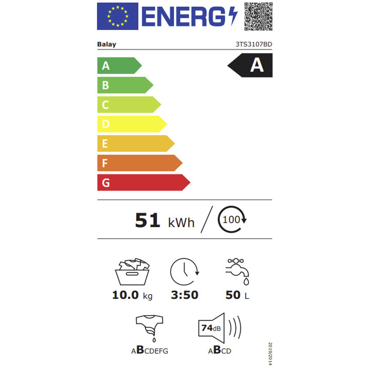 Etichetta energetica che mostra valutazioni e dati per una lavatrice, evidenziando l'efficienza energetica.
