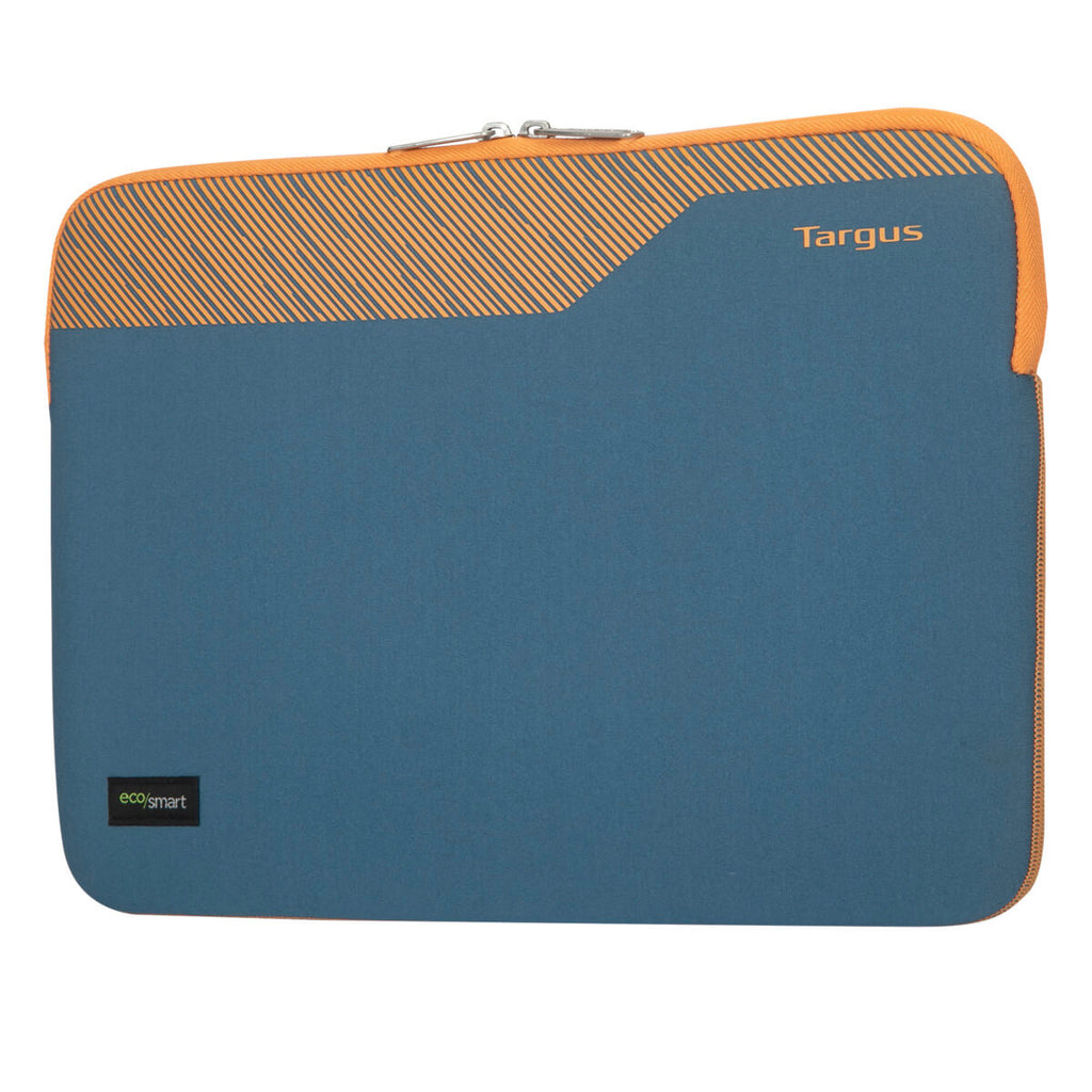Una custodia per laptop color verde acqua con sezione superiore a righe arancioni. Il logo Targus è stampato.