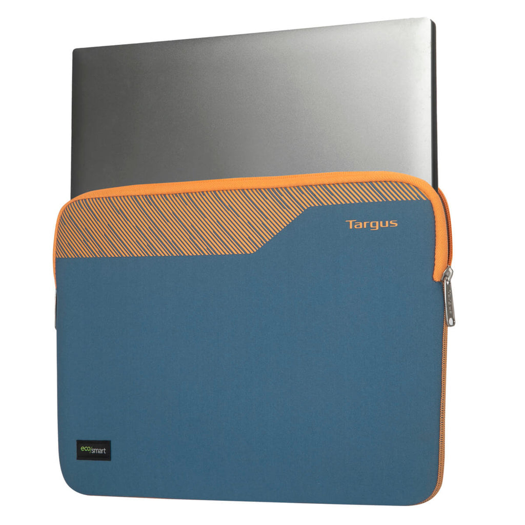 Custodia per laptop blu e arancione con un laptop all'interno, logo Targus e logo eco/smart.