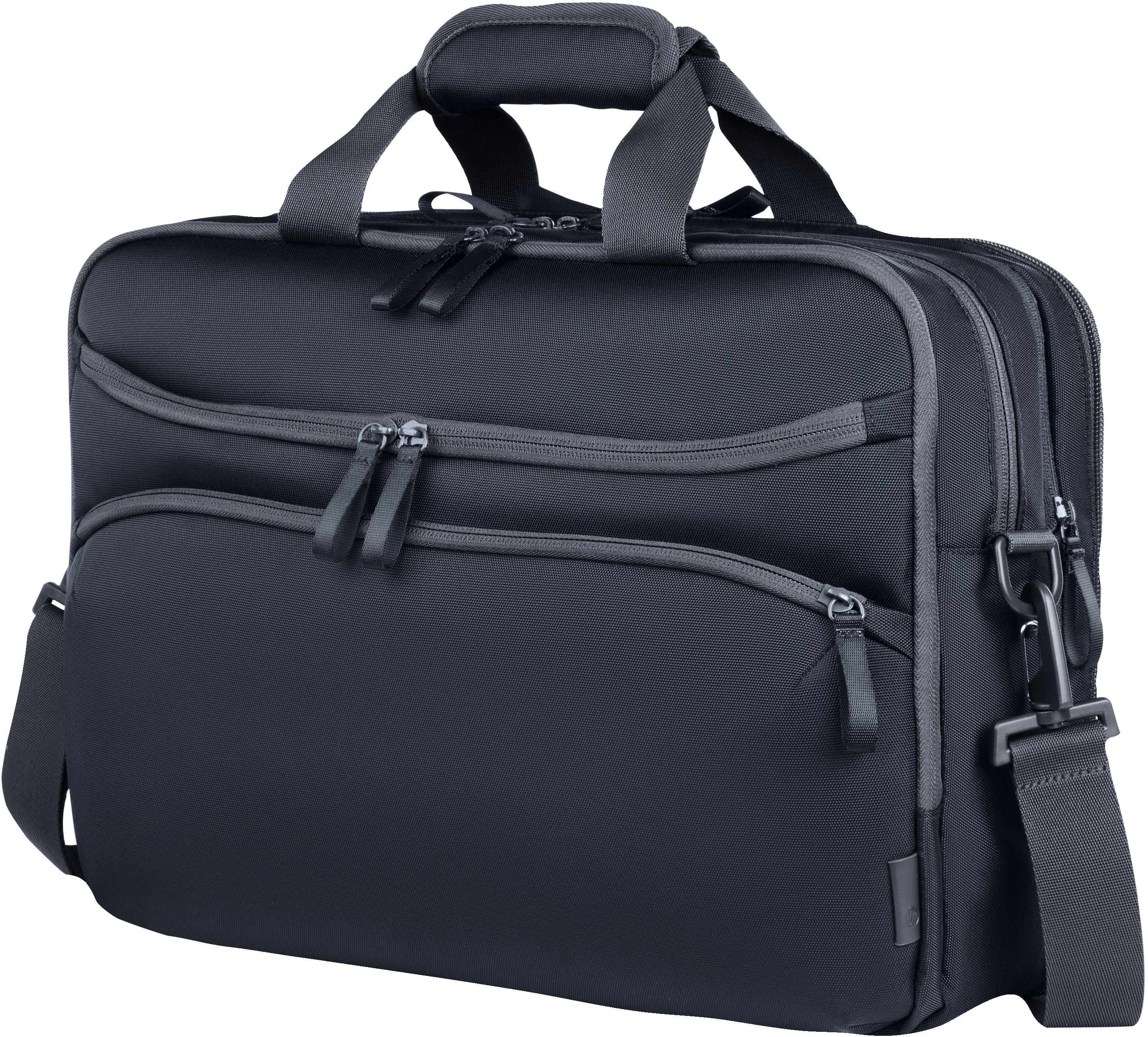 Una borsa per laptop nera con più scomparti e cerniere. Ha una tracolla.