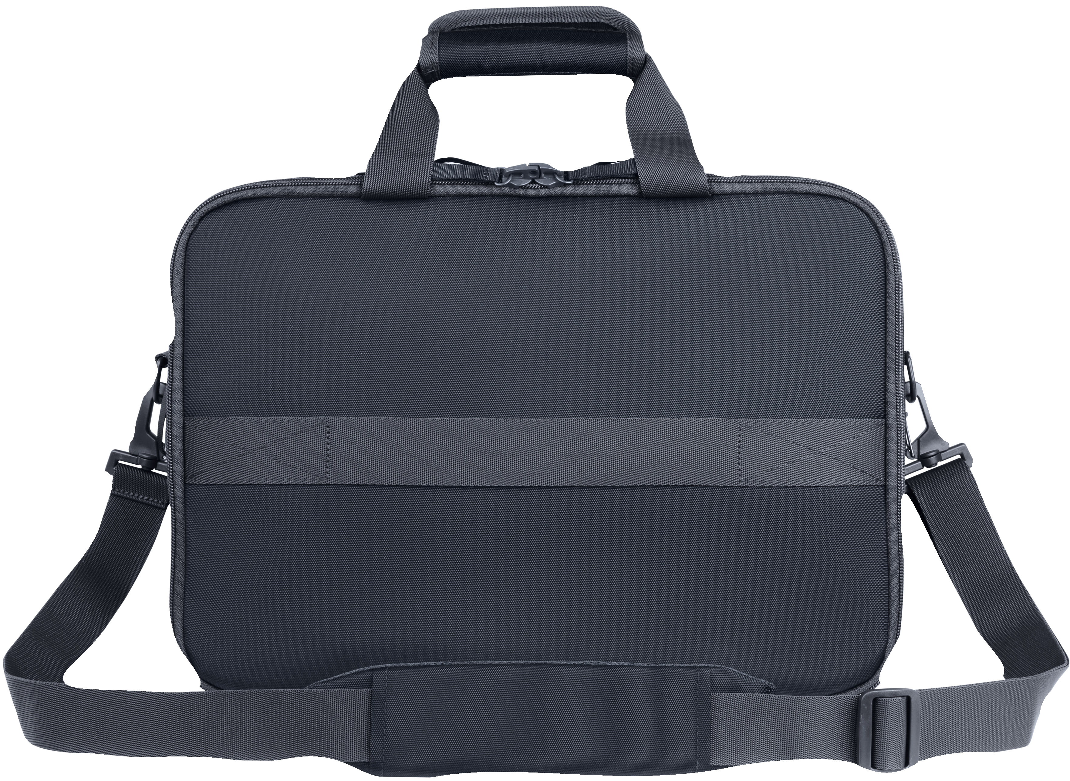 Borsa per laptop nera, tracolla, manico. Tessuto grigio scuro.