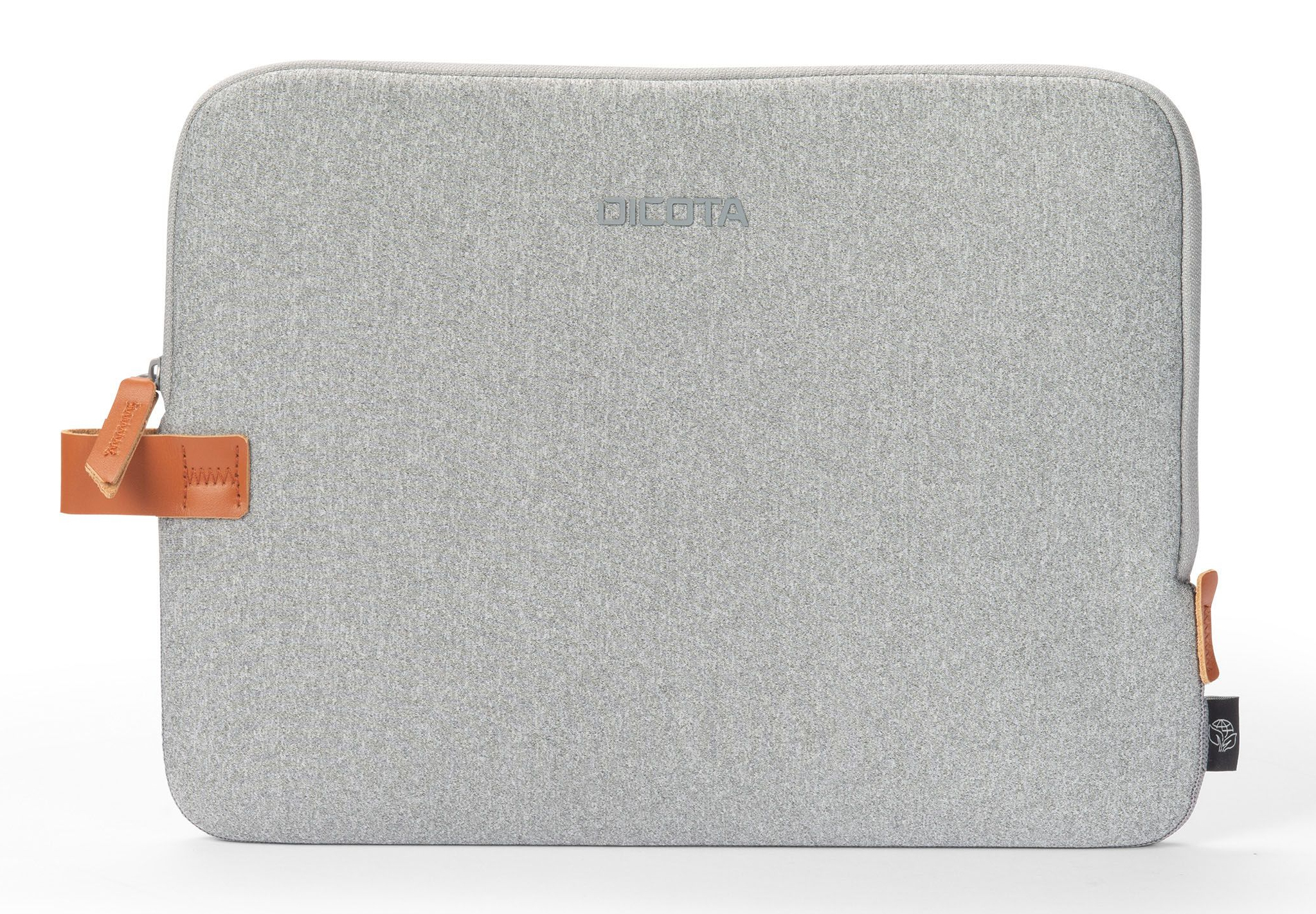 Custodia per laptop grigio chiaro. Cerniera in pelle marrone e marchio.