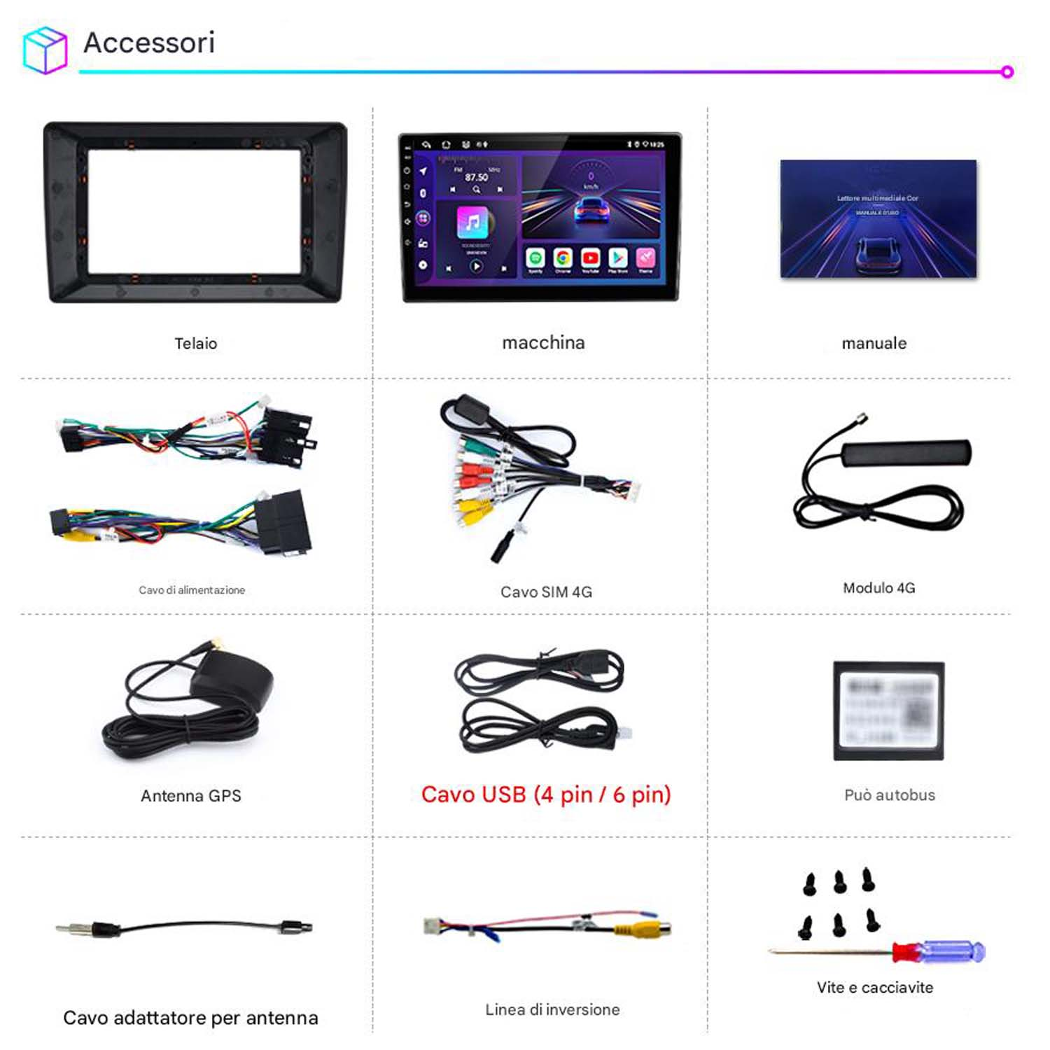 Accessori autoradio. Include telaio, schermo, cavi, antenna e altro.