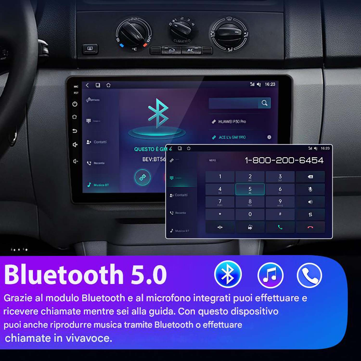Cruscotto auto con schermo che mostra Bluetooth e tastierino telefonico. Testo in italiano.