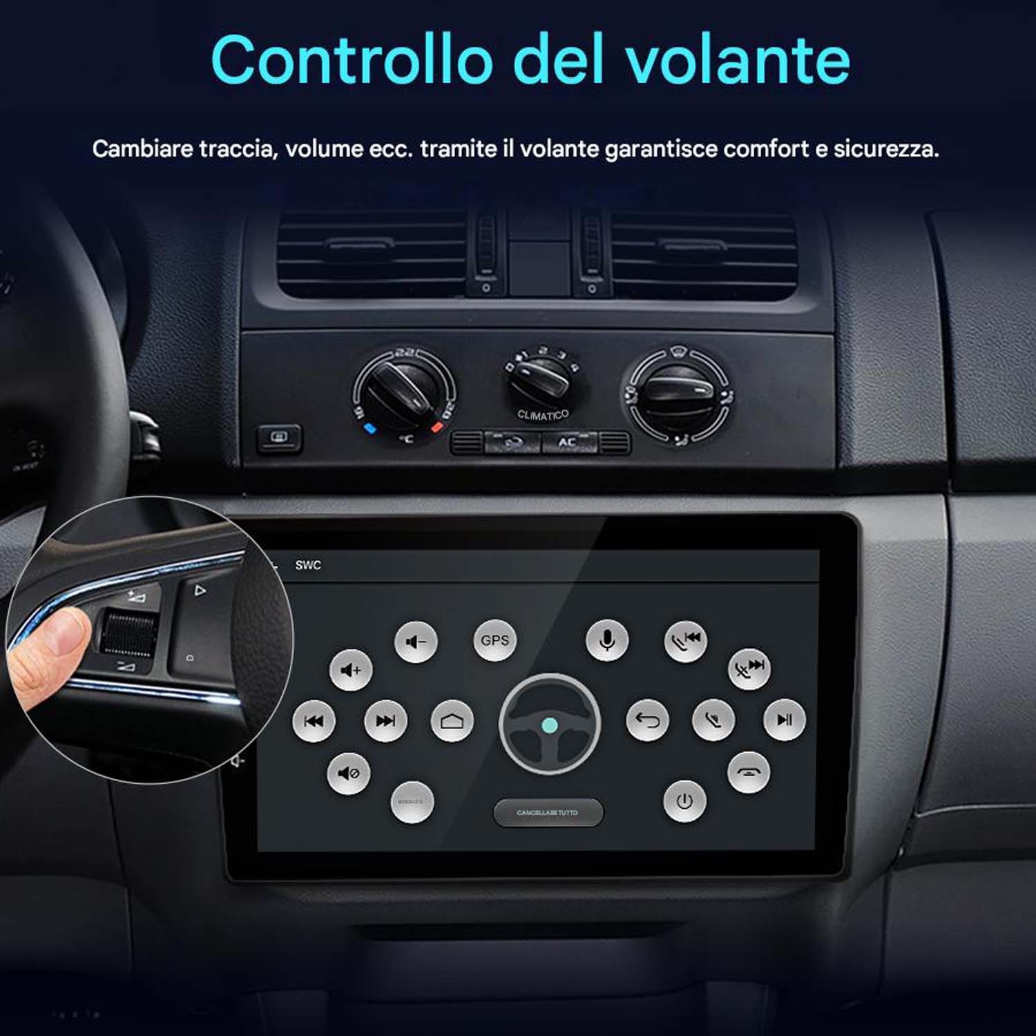 Cruscotto dell'auto che mostra uno schermo che visualizza i comandi e una mano che tocca il volante.