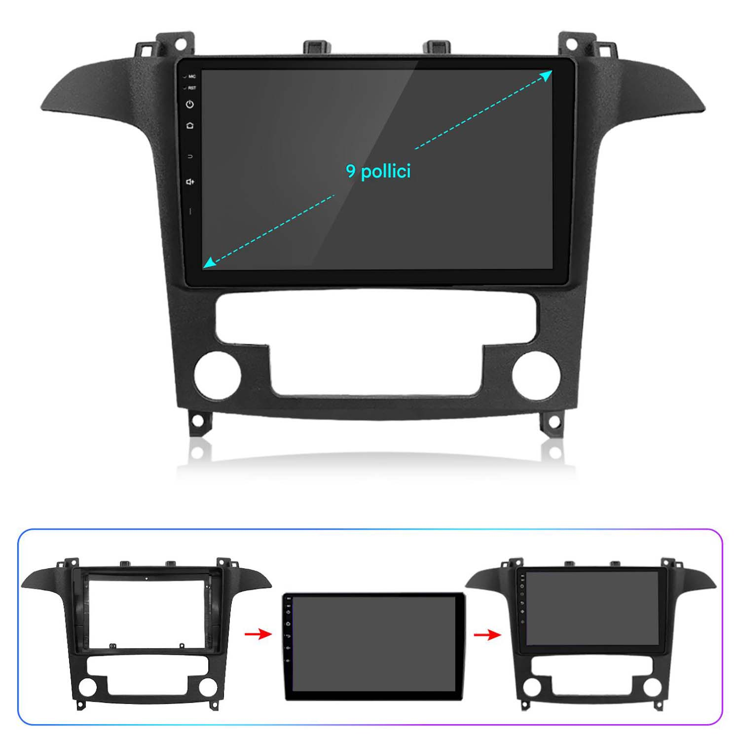 Schermo multimediale per auto con display da 9 pollici, con cornice nera, insieme ai passaggi di installazione.
