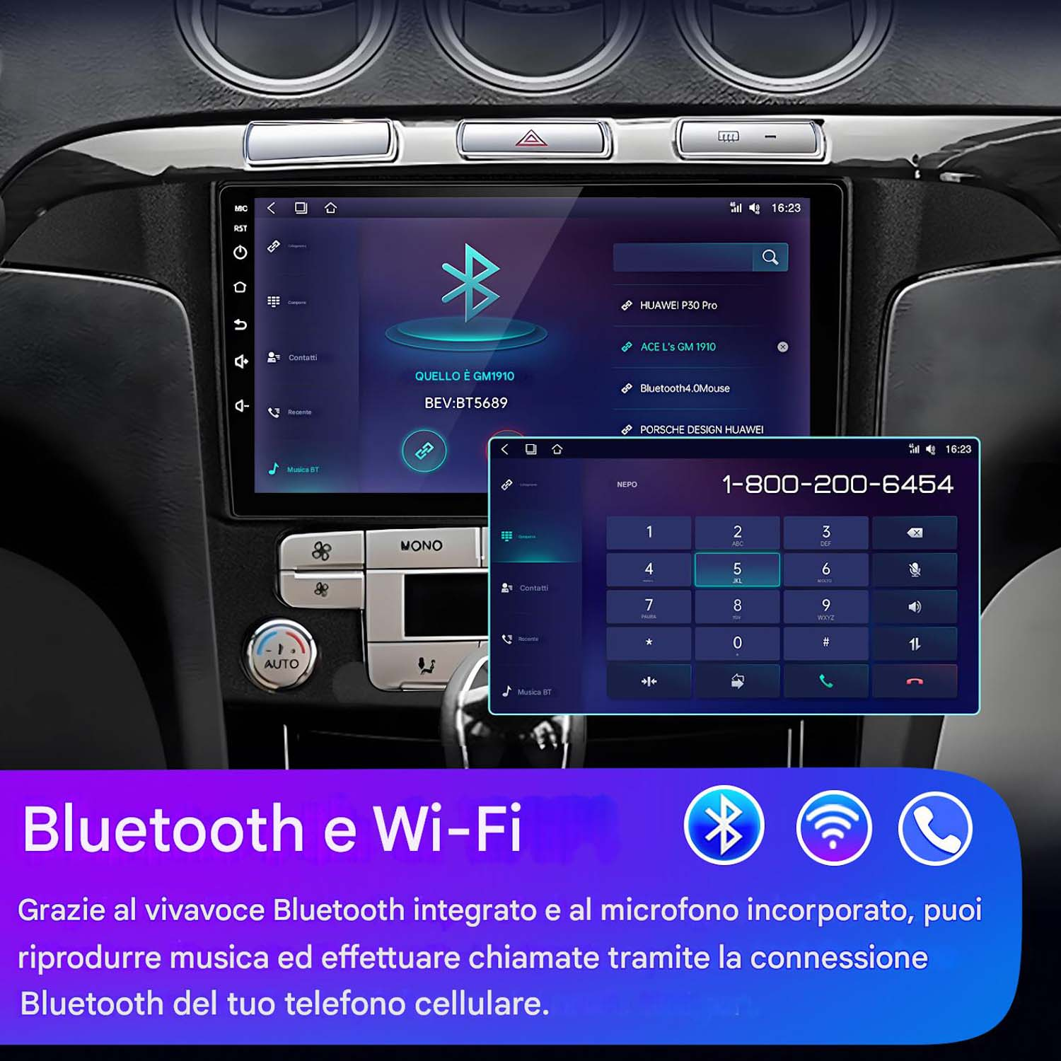 Sistema audio per auto che mostra uno schermo del telefono con un'icona Bluetooth blu e una tastiera telefonica.