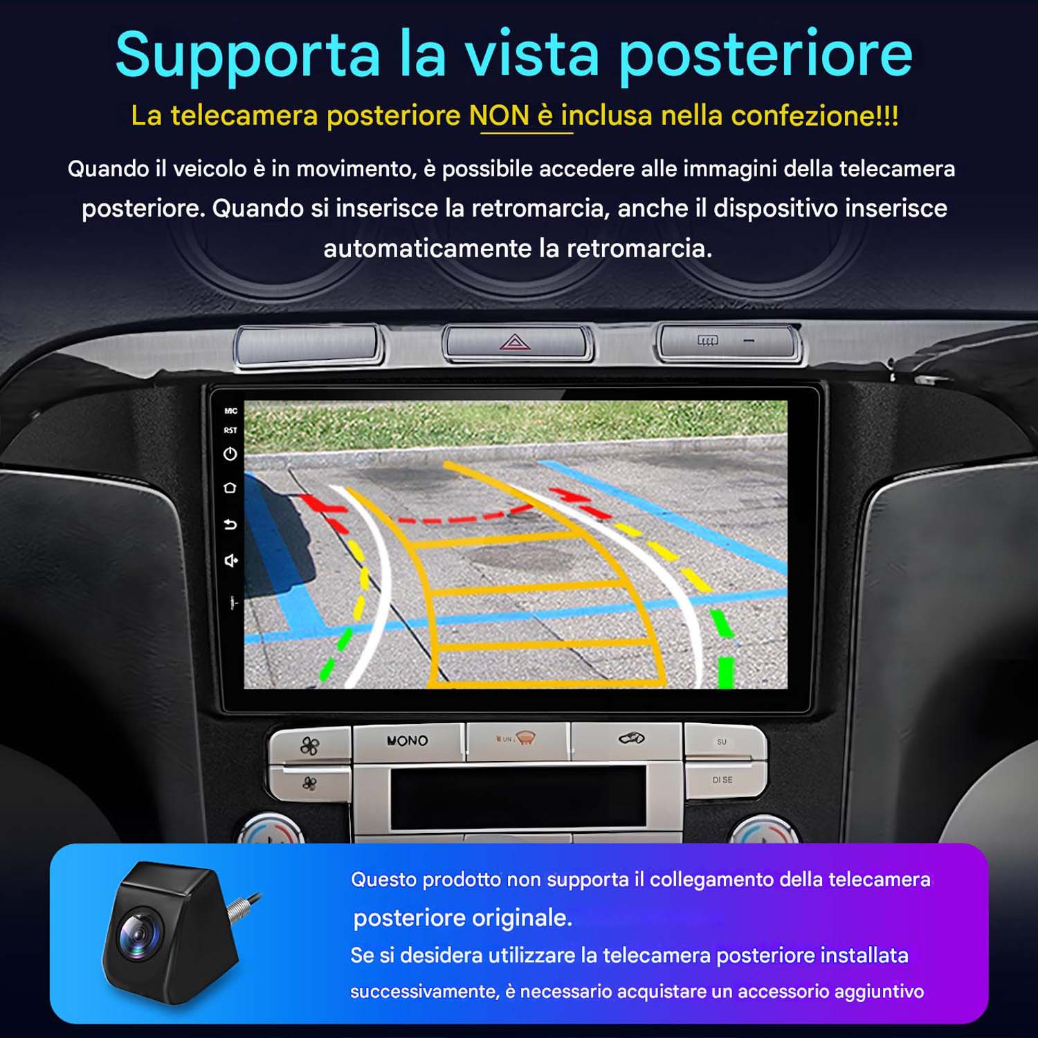 Schermo del cruscotto dell'auto che mostra la vista della telecamera posteriore con linee guida. Testo in italiano.