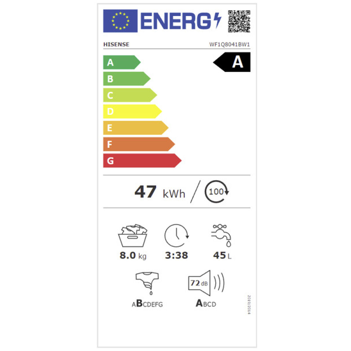 Etiqueta energética para una lavadora Hisense. Muestra clasificaciones de eficiencia e información de consumo.