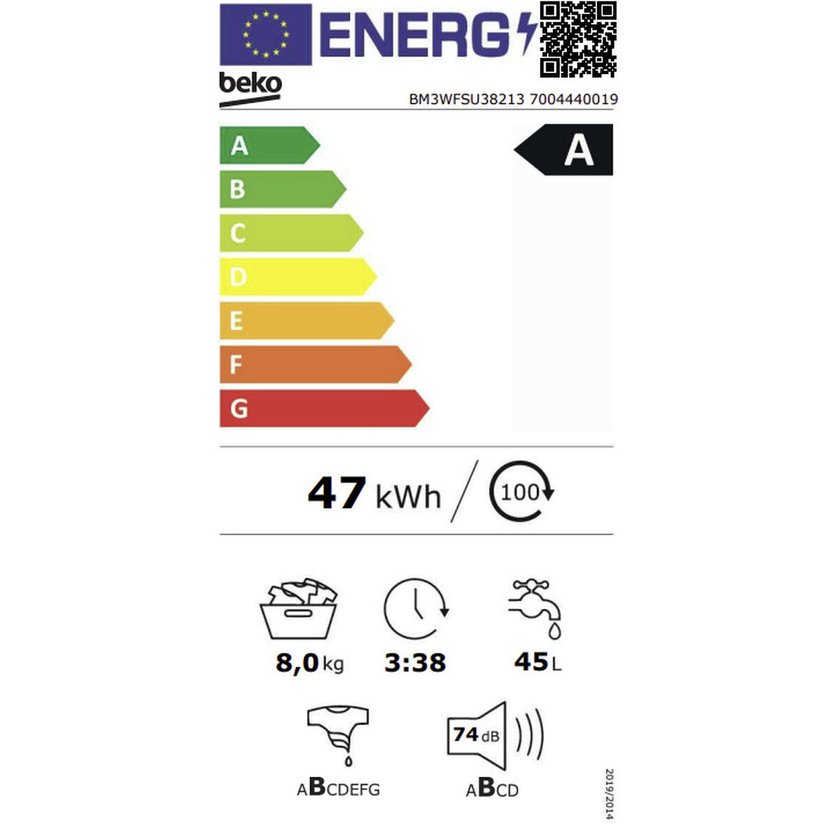 Etiqueta de eficiencia energética para una lavadora Beko. Muestra calificaciones de energía, agua y ruido.