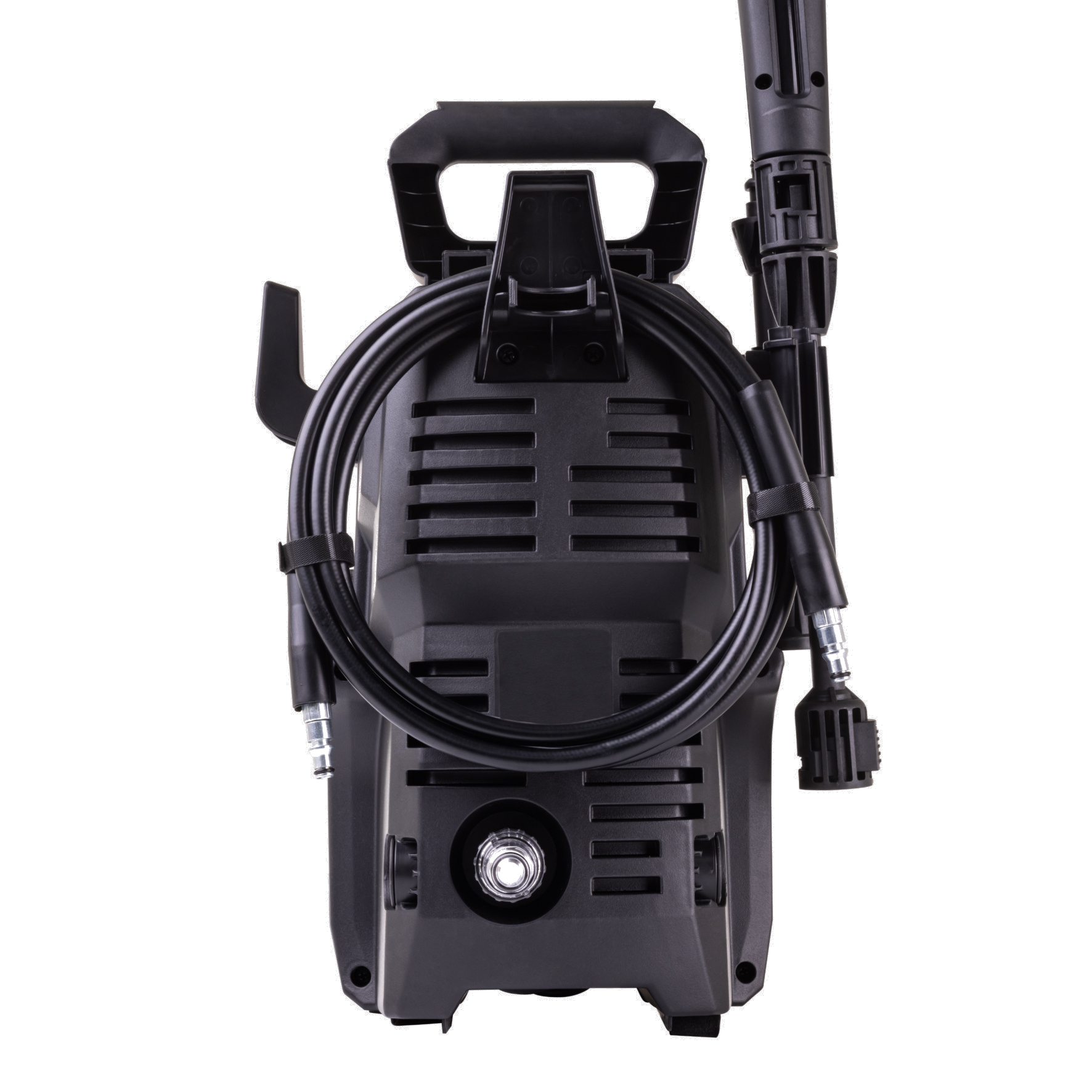 Czarna myjka ciśnieniowa z dołączonym wężem.