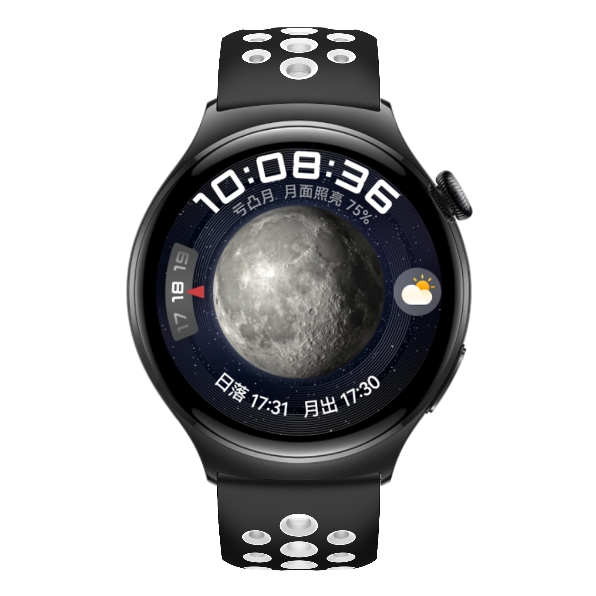 Czarny smartwatch z wyświetlaczem faz księżyca, godzina 10:08:36.