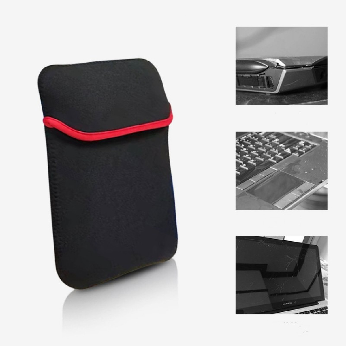 Czarna i czerwona torba na laptopa z częściowo włożonym laptopem.