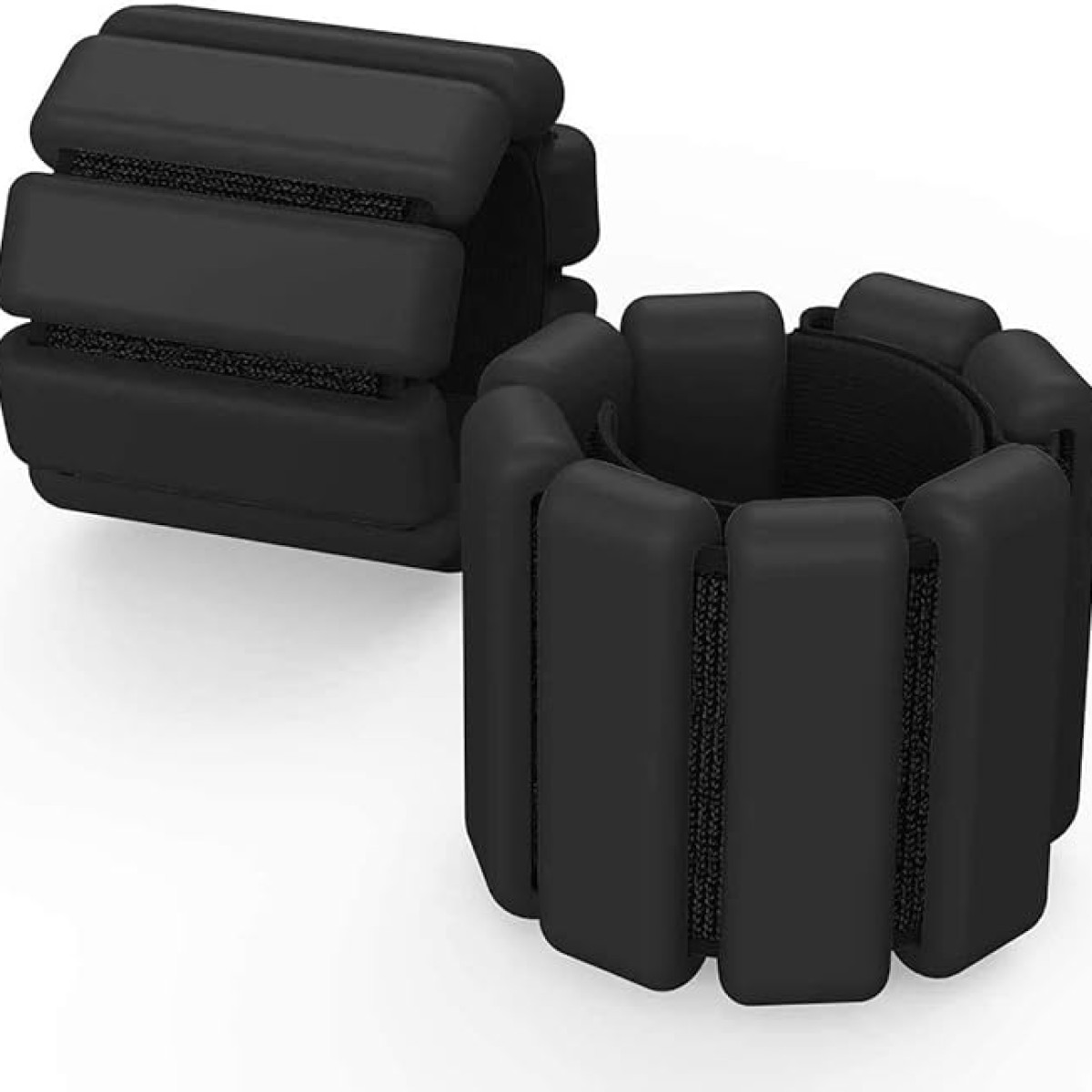 Dwa czarne obciążniki na nadgarstki z paskami na rzepy.