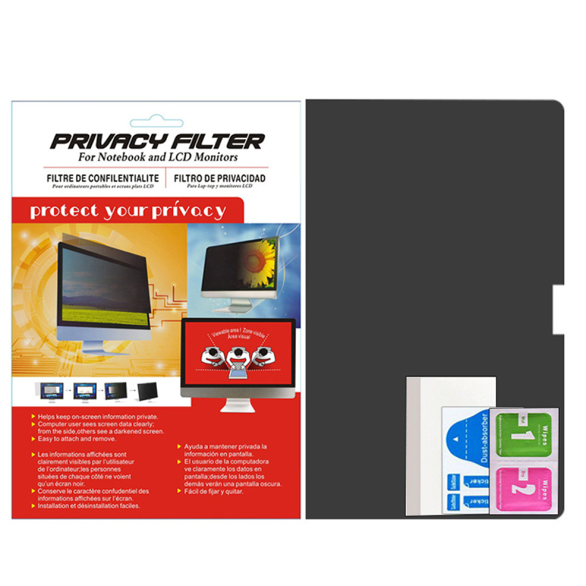 Filtro privacy per schermi di laptop. Mostra come appare lo schermo, insieme agli accessori.