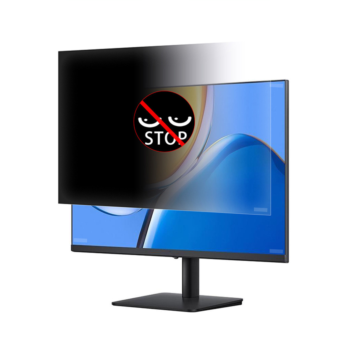 Monitor del computer con filtro privacy. Un segnale di stop rosso con occhi è sullo schermo.