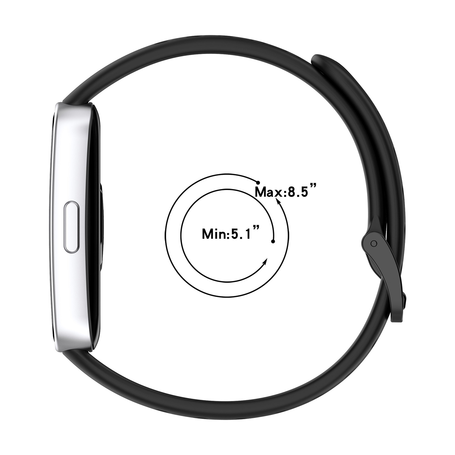 Eine schwarze Smartwatch mit schwarzem Armband, zeigt Größenmessungen.