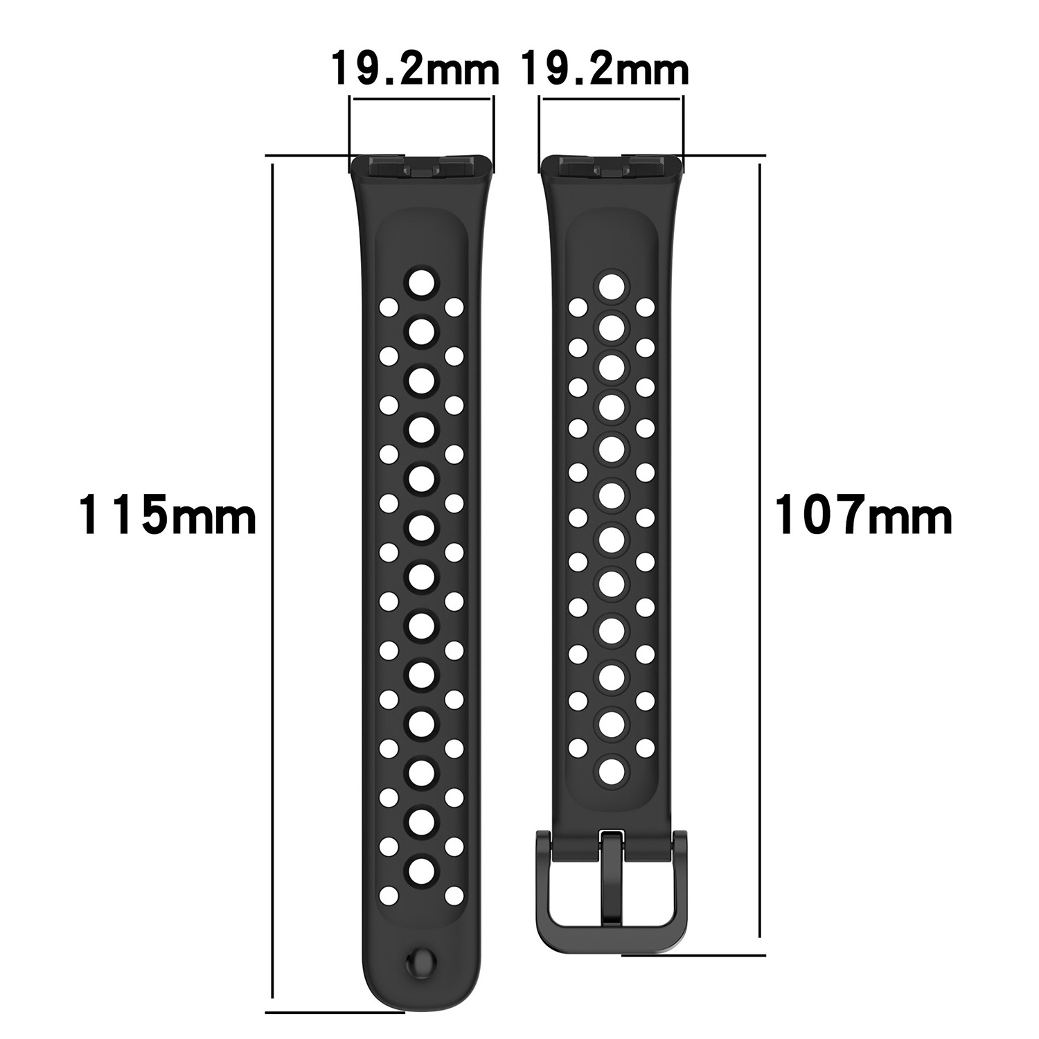 Zwei schwarze Uhrenarmbänder mit Abmessungen und einer Schnalle.