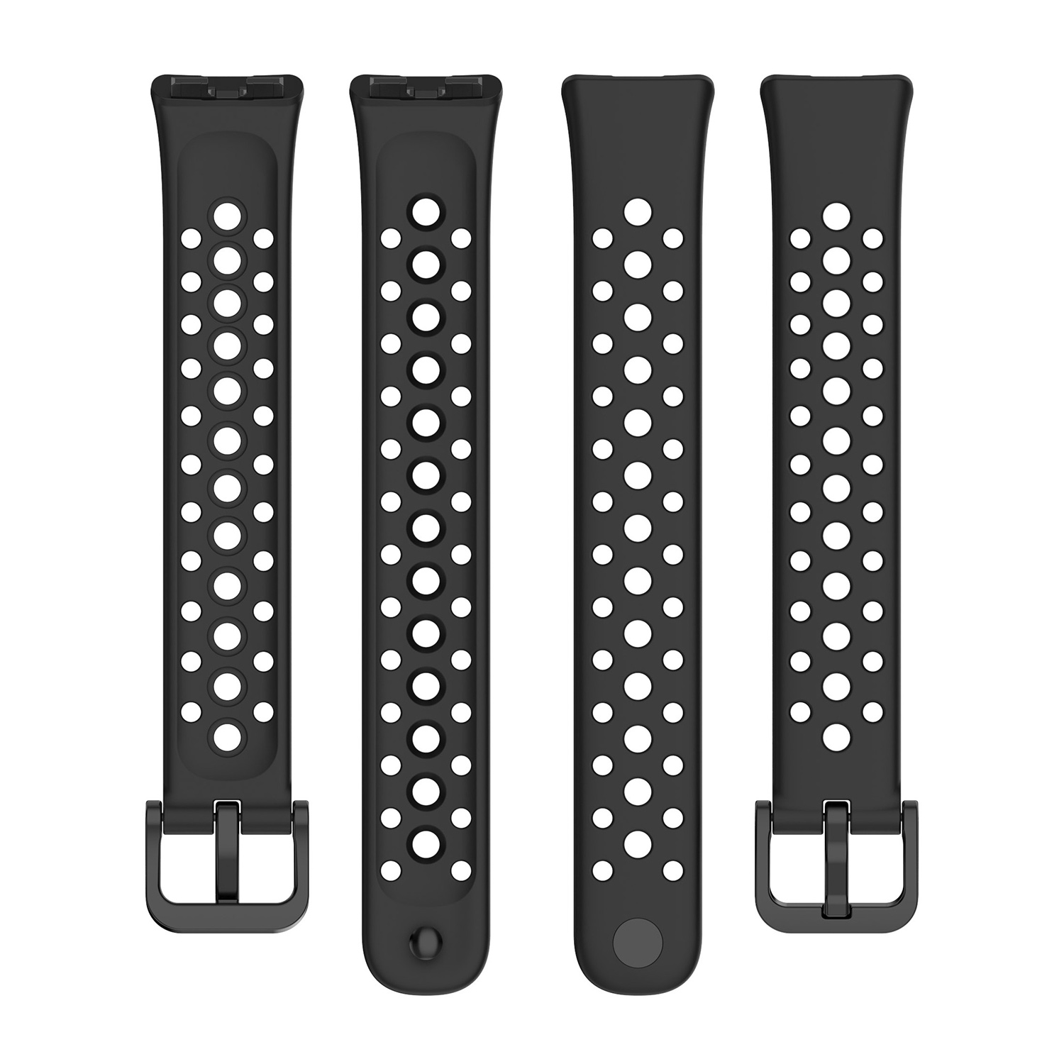 Vier schwarze Uhrenarmbänder mit perforierten Löchern.
