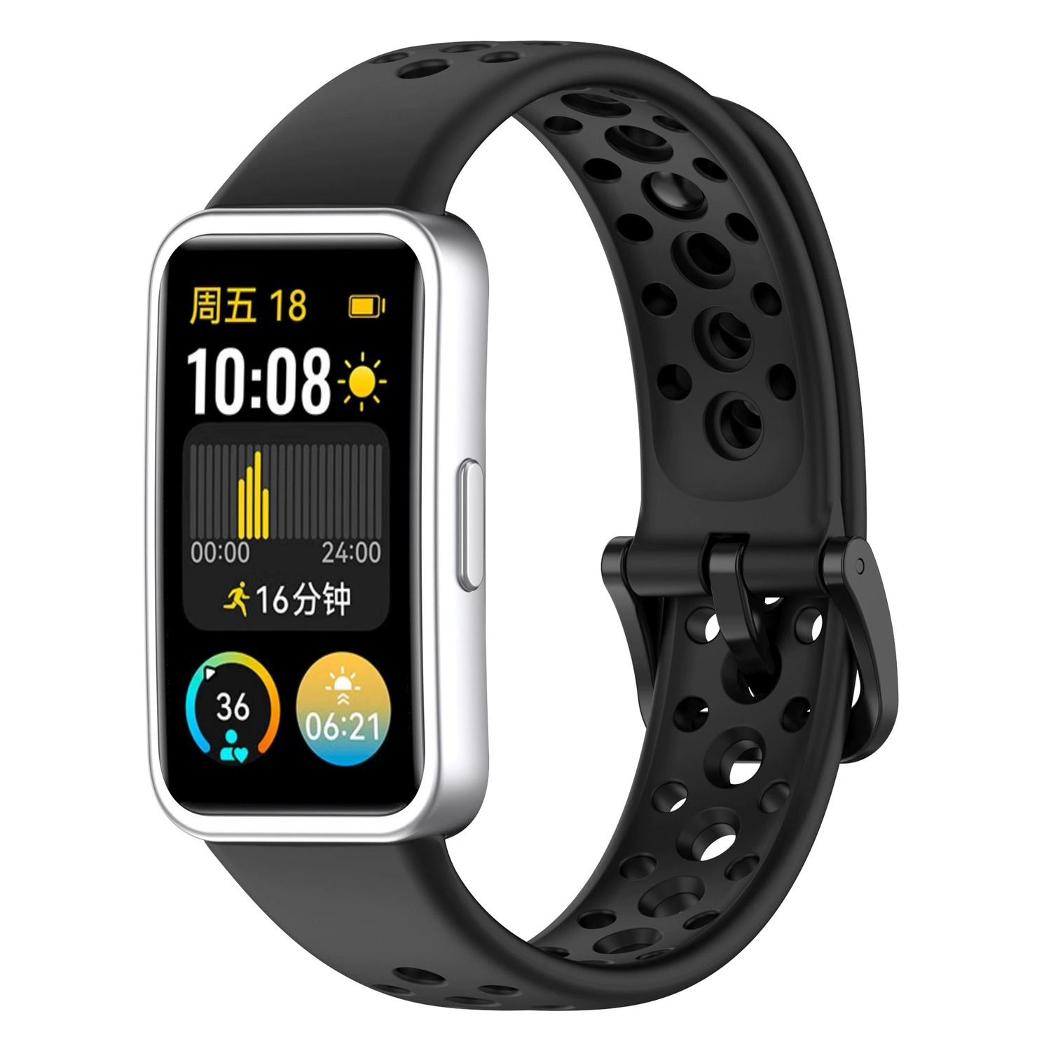 Eine schwarze Smartwatch mit silbernem Rahmen und schwarzem Armband, die Zeit und Aktivitätsdaten anzeigt.