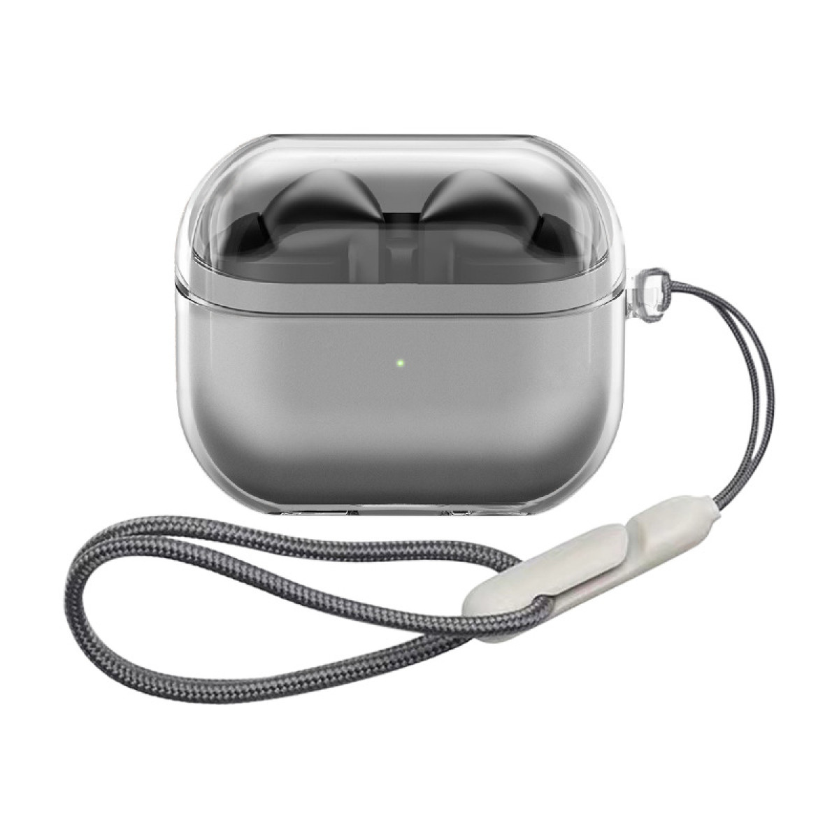 Una custodia trasparente con auricolari wireless all'interno e un cordino grigio attaccato.