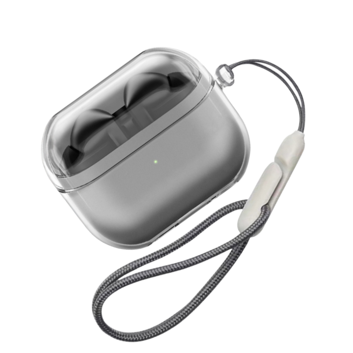 Custodia trasparente con auricolari, cordino grigio. Sfondo bianco.