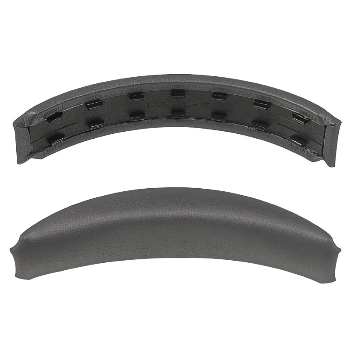 Dwie szare, wyściełane poduszki do słuchawek. Mają łukowaty kształt i ciemne plastikowe oparcie.