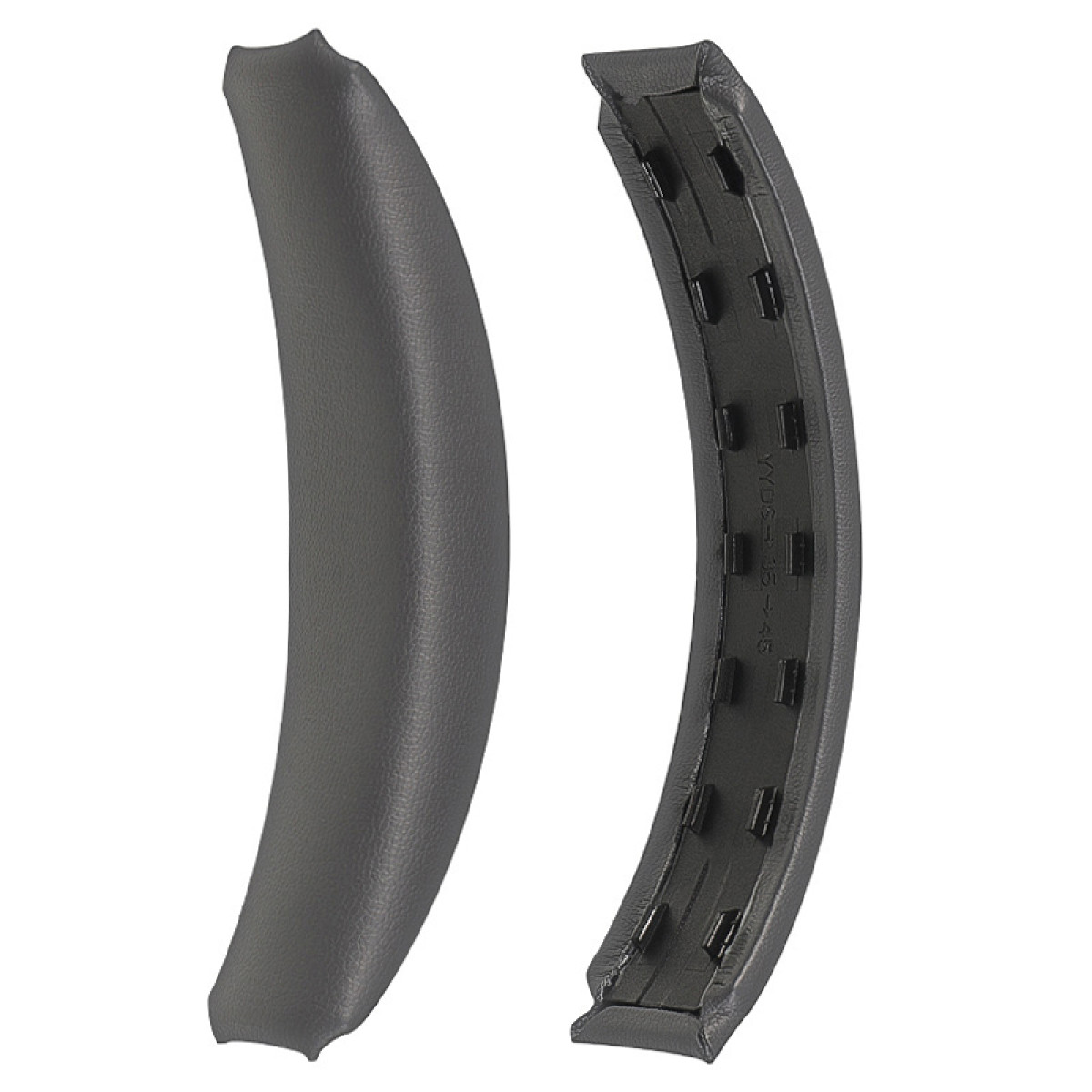 Dwie szare zakrzywione nauszniki do słuchawek, jedna na lewą stronę, aby pokazać czarne wnętrze.