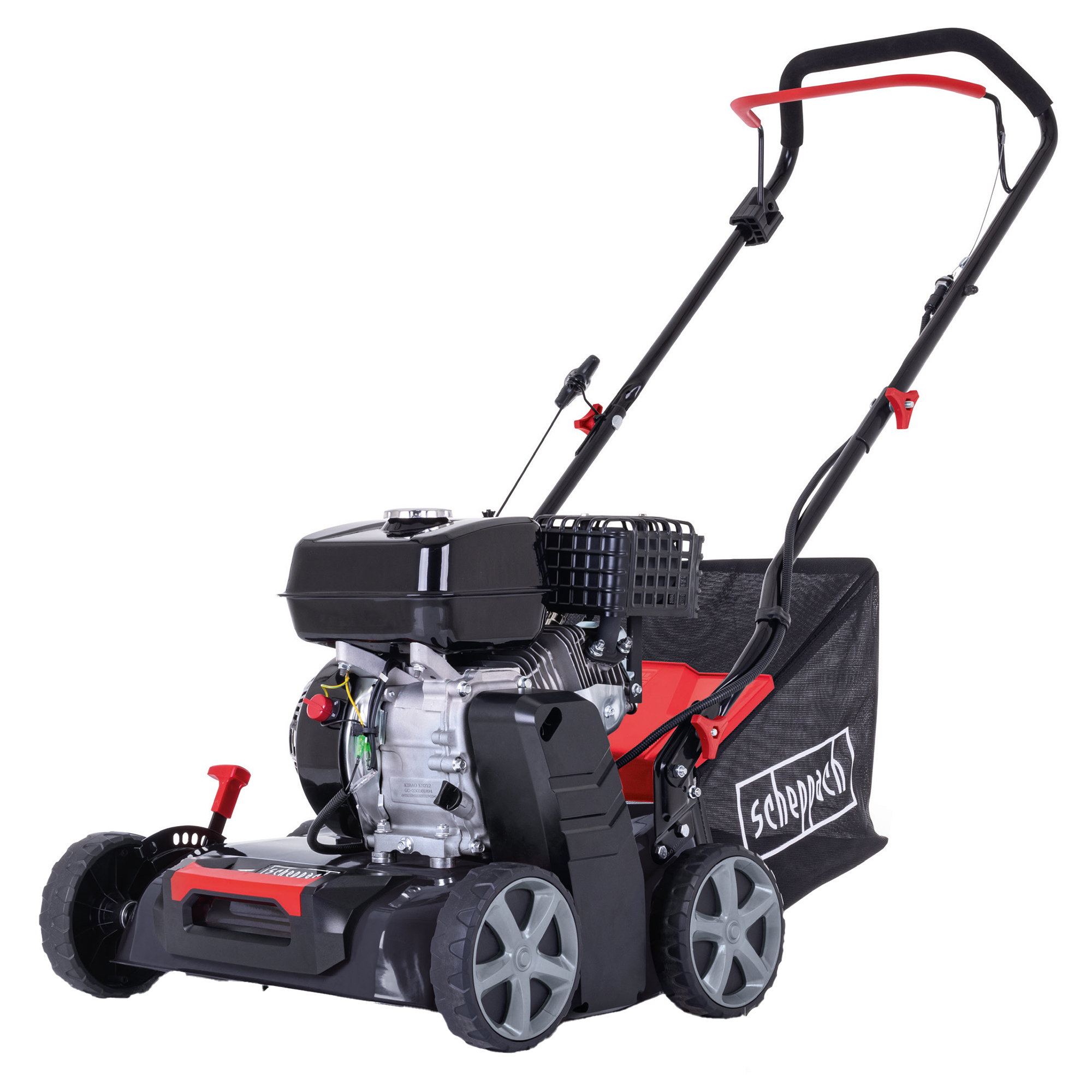 Een Scheppach grasmaaier met een rood en zwart ontwerp. De motor, wielen en grasvanger zijn zichtbaar.