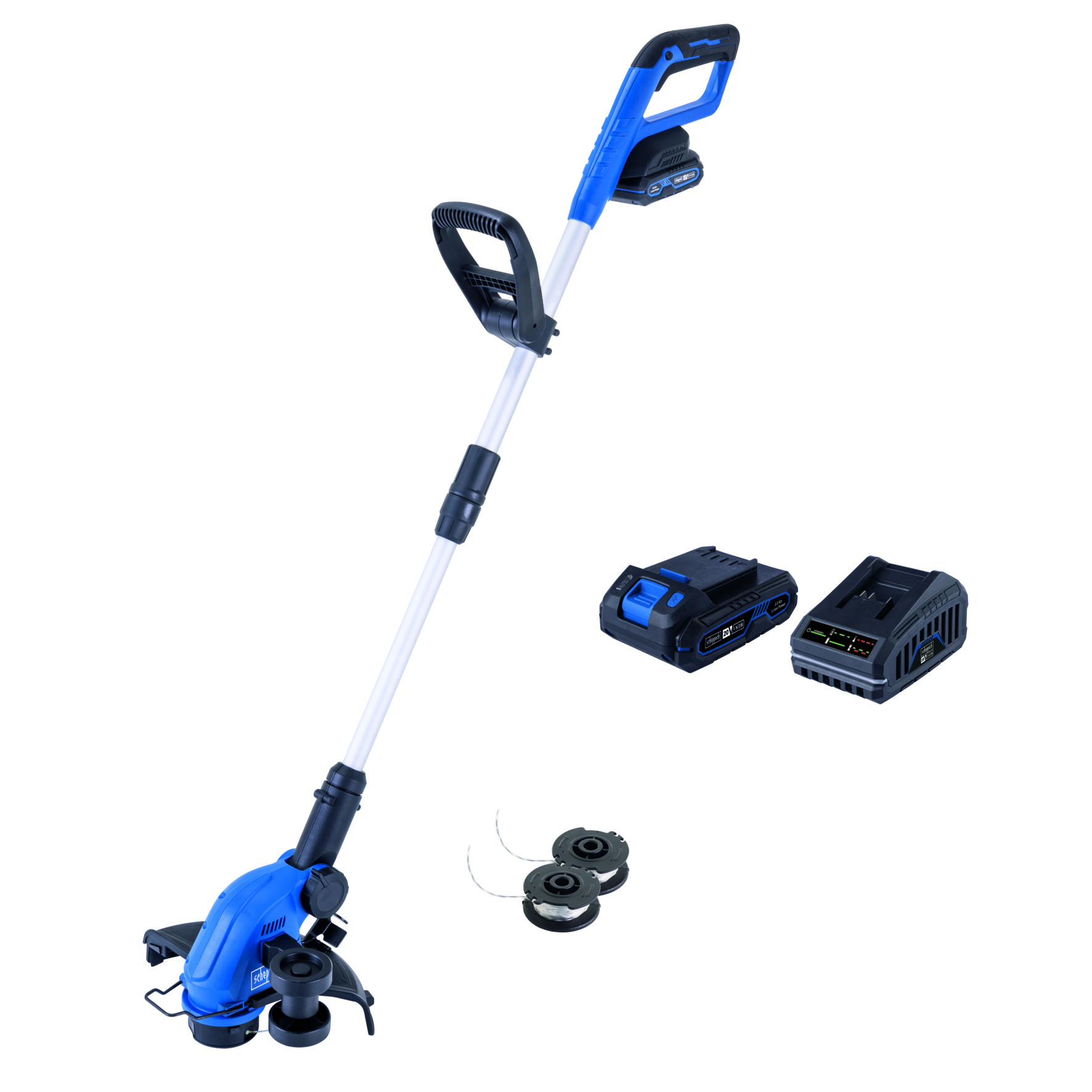 Een blauw-witte draadtrimmer met twee batterijen en twee spoelen trimmerdraad.